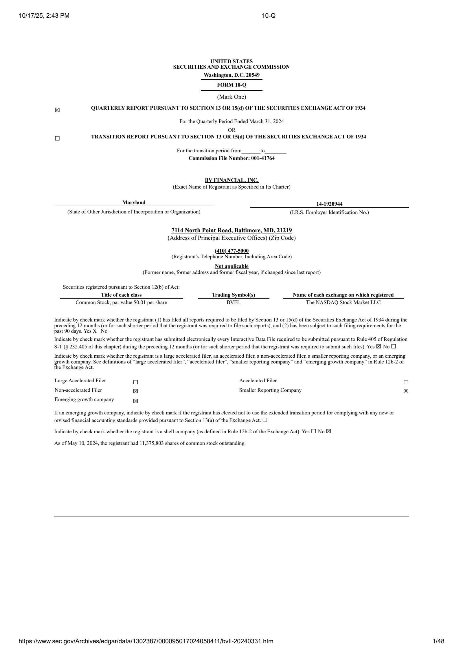BV Financial's Q1 2024 Quarterly Report