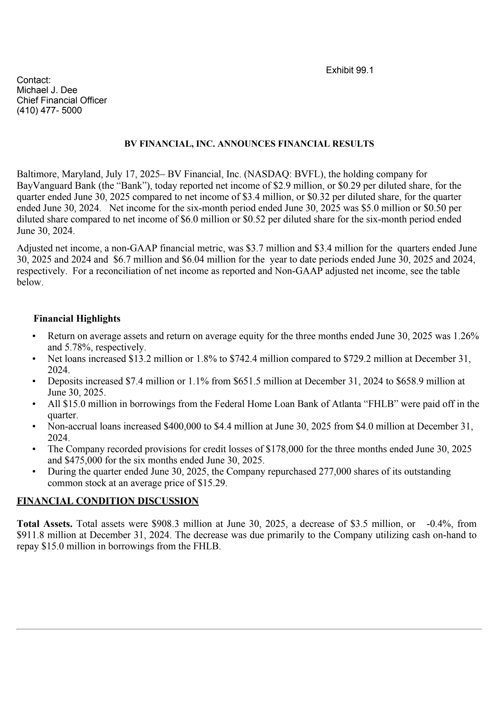 BV Financial's Q2 2025 Press Release