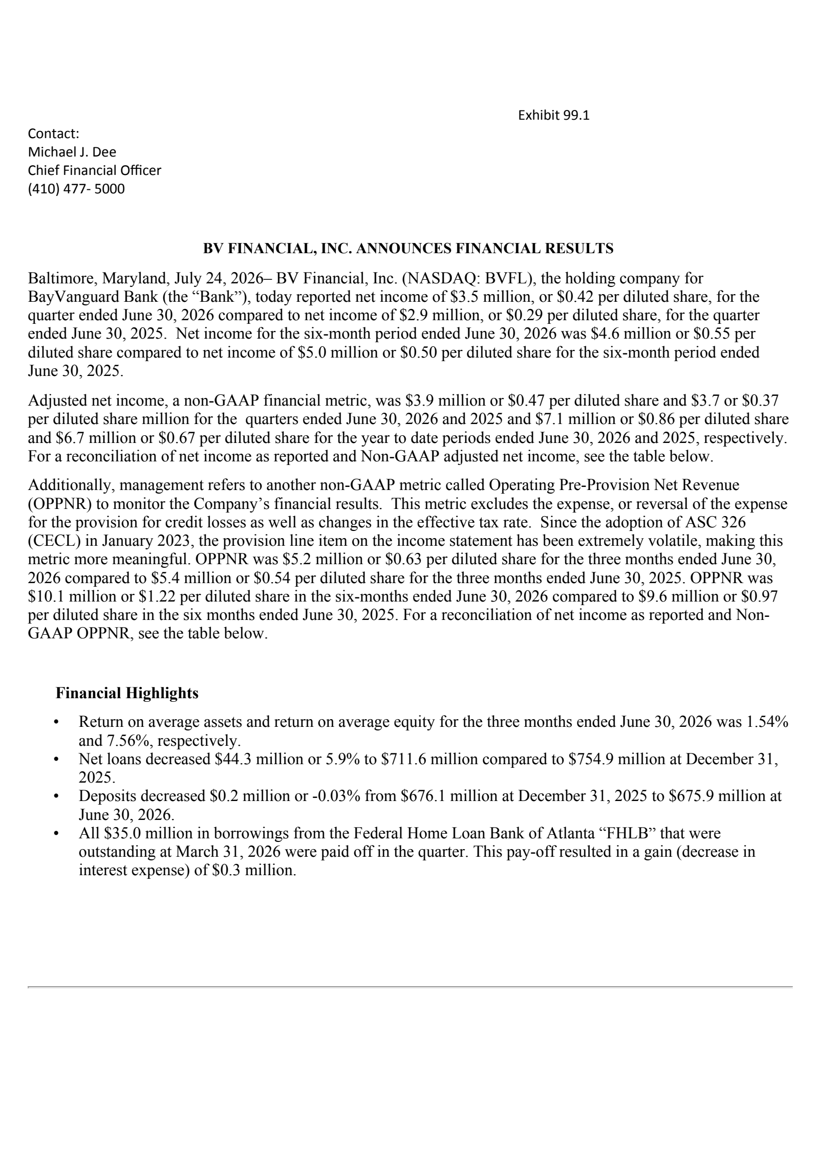 BV Financial's Q2 2026 Press Release
