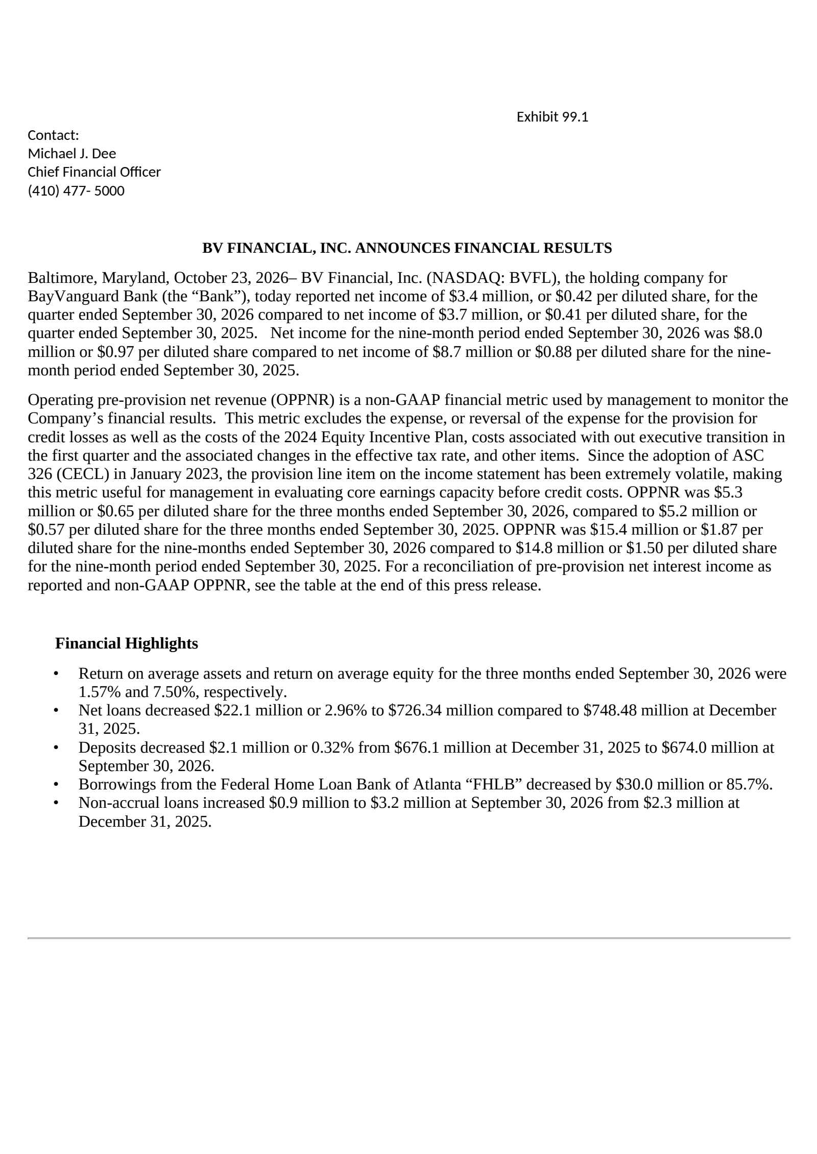 BV Financial's Q3 2026 Press Release