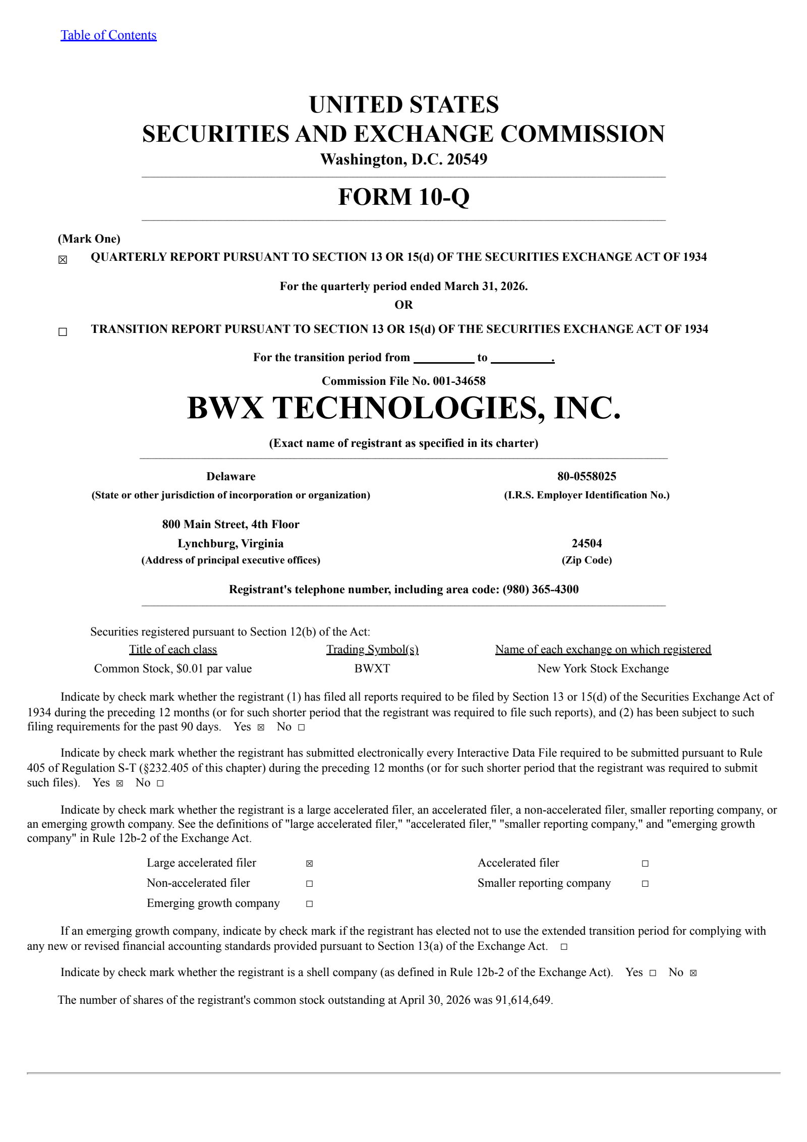 BWX Technologies' Q1 2026 Quarterly report