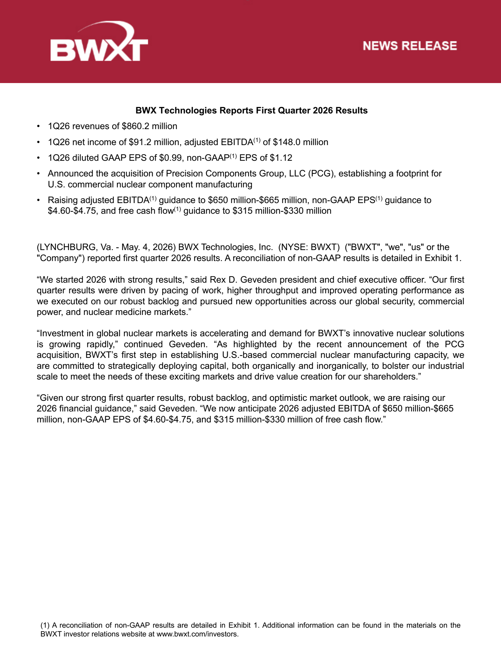 BWX Technologies' Q1 2026 Press Release