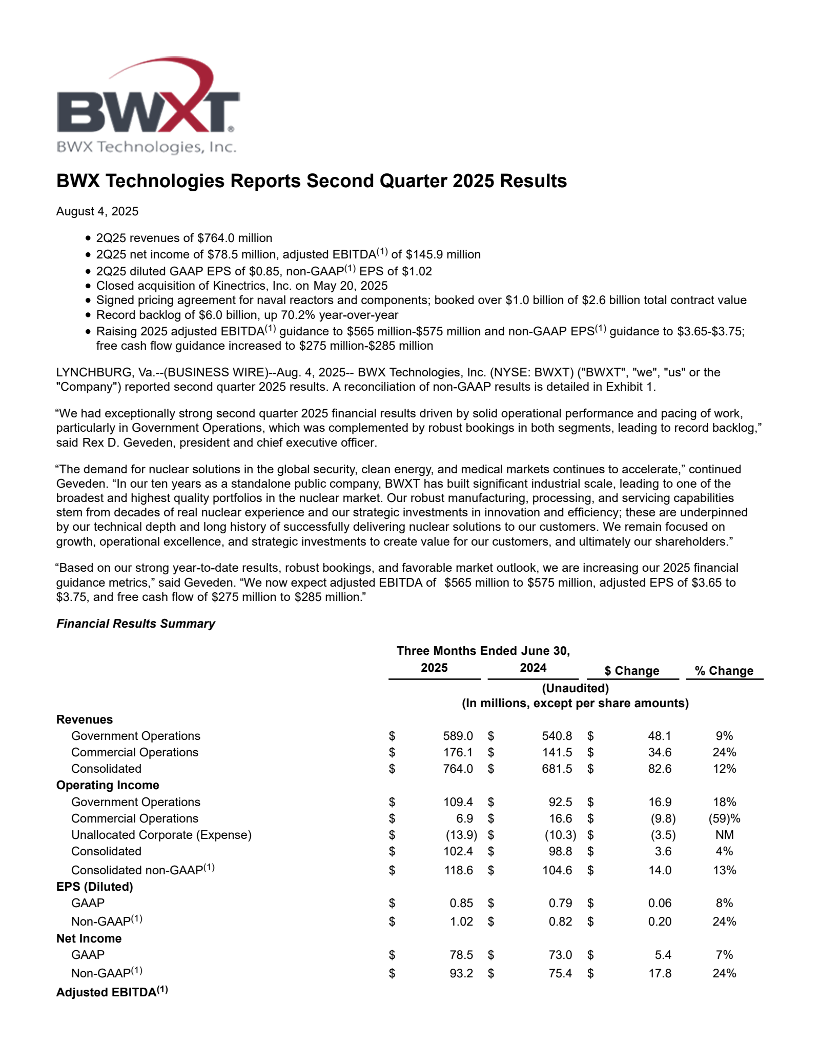 BWX Technologies' Q2 2025 Press Release