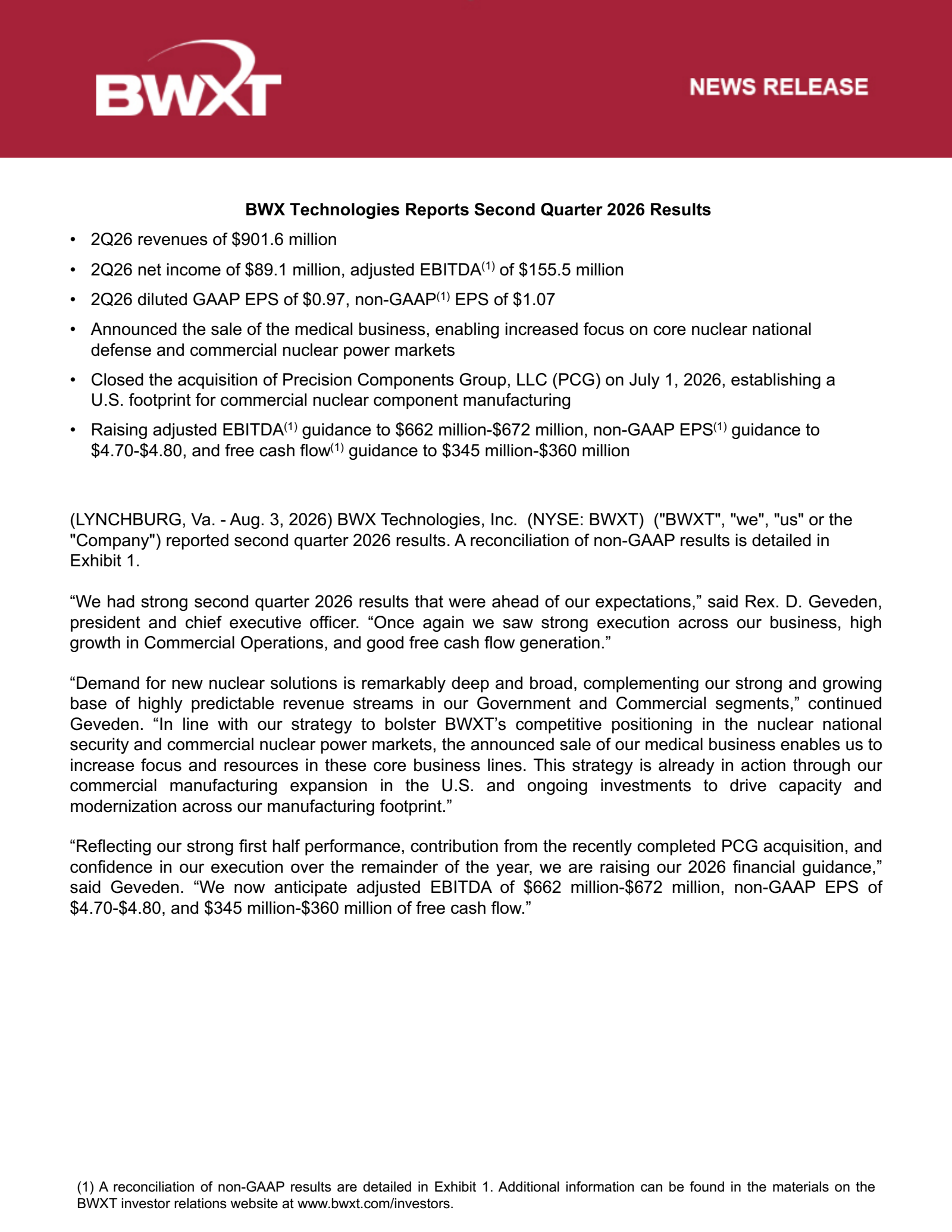BWX Technologies' Q2 2026 Press Release