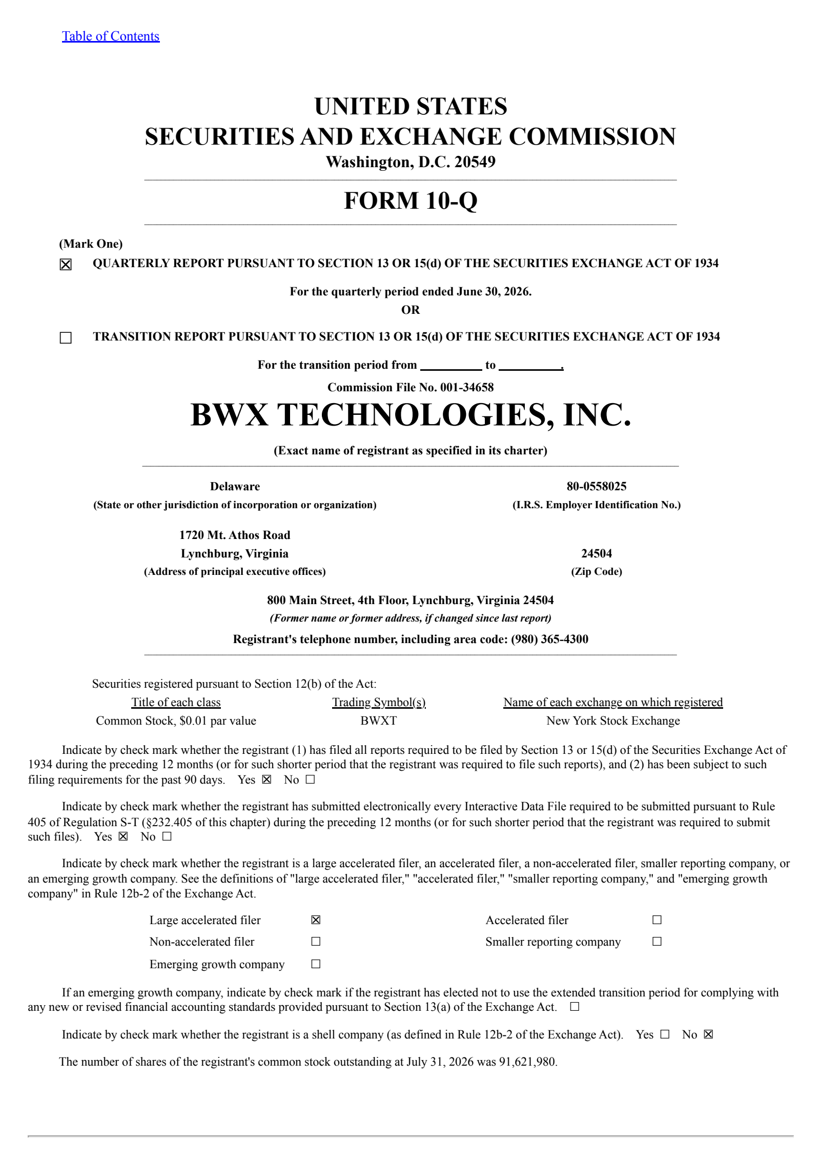 BWX Technologies' Q2 2026 Quarterly report