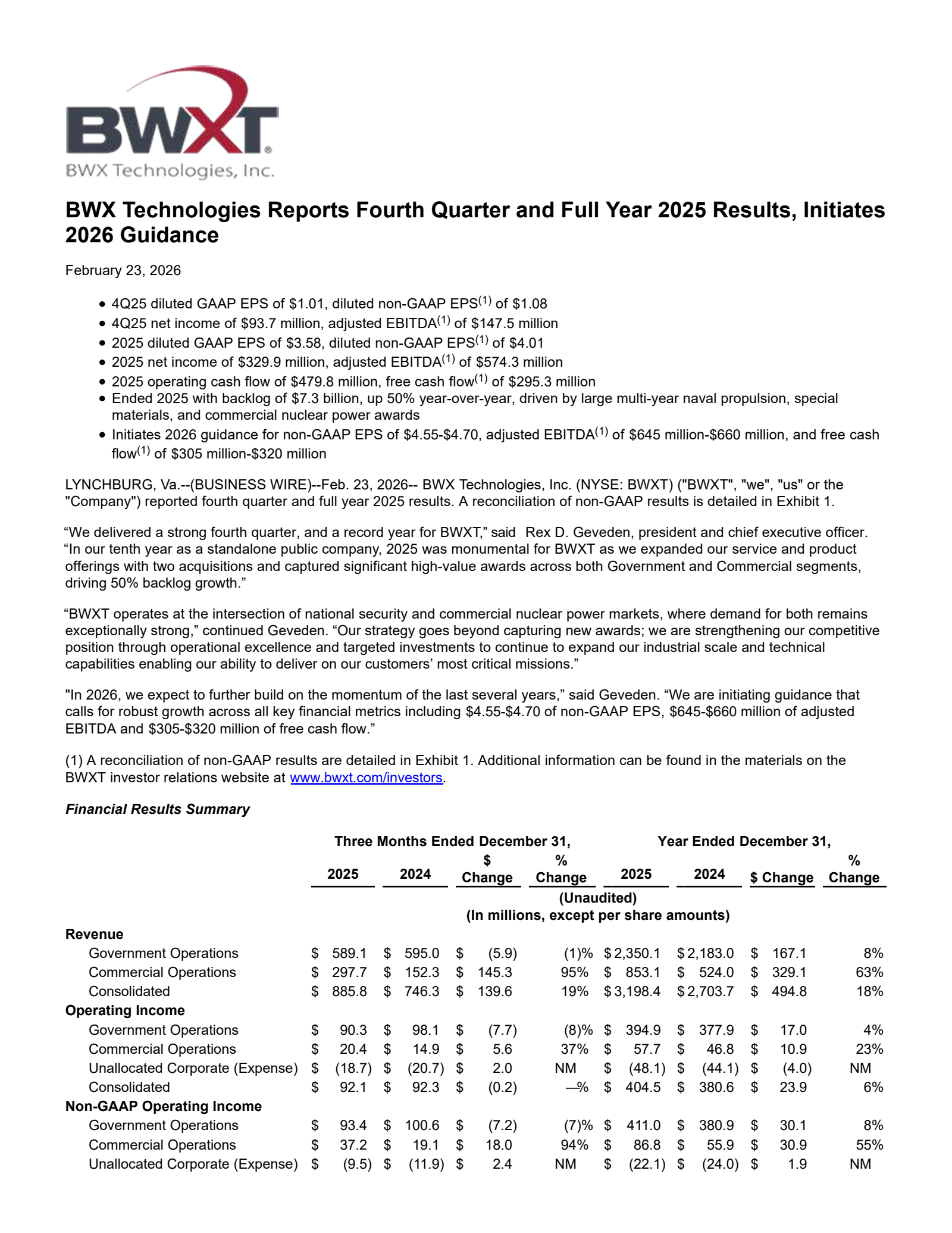 BWX Technologies' Q4 2025 Press Release