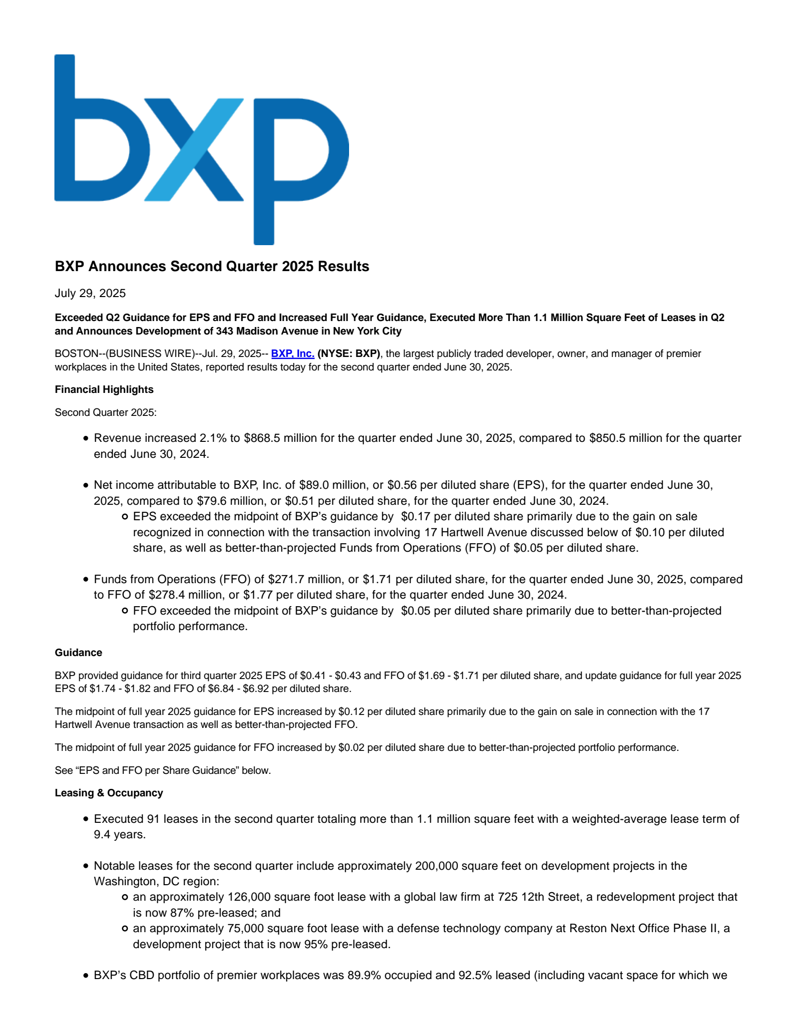 BXP's Q2 2025 Press Release