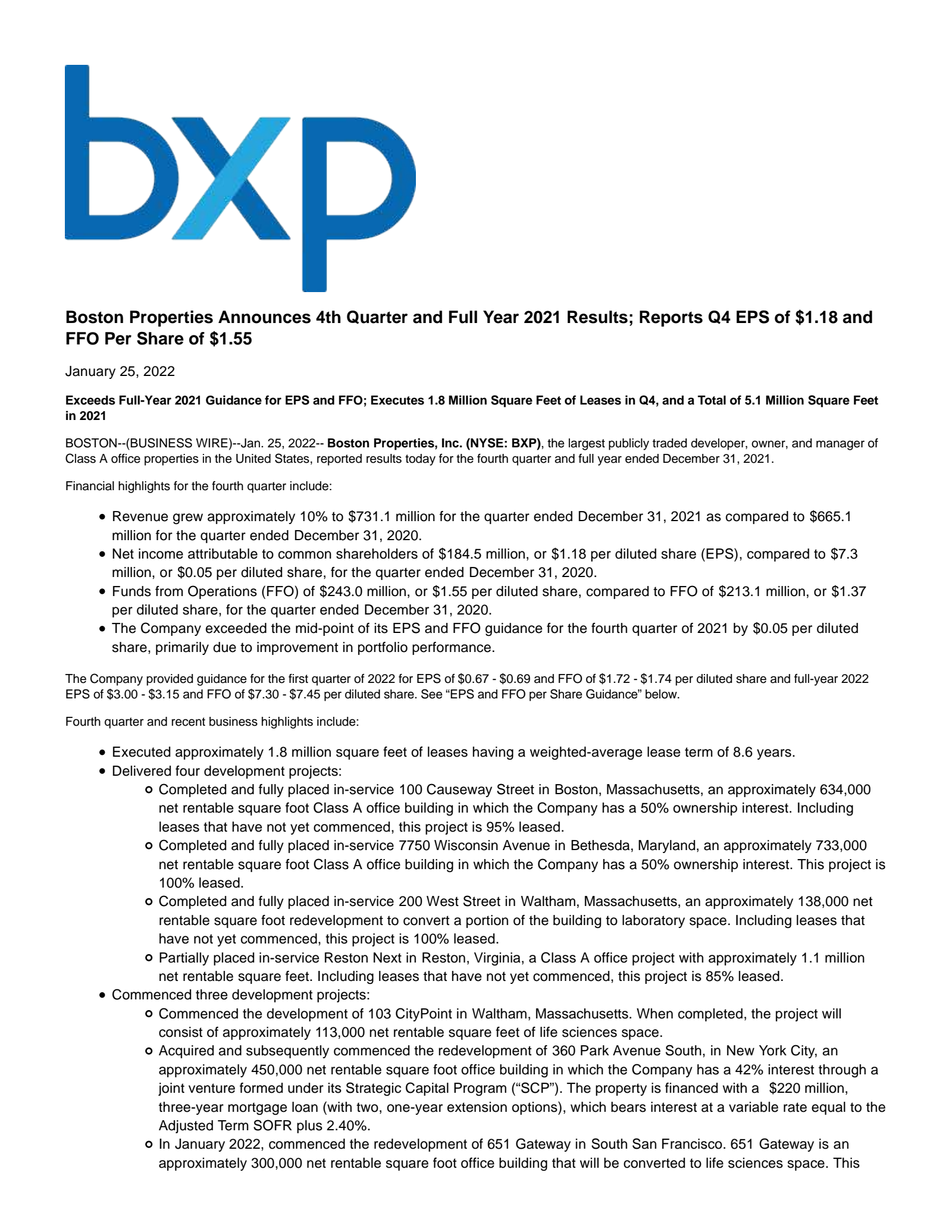BXP's Q4 2021 Earnings Release