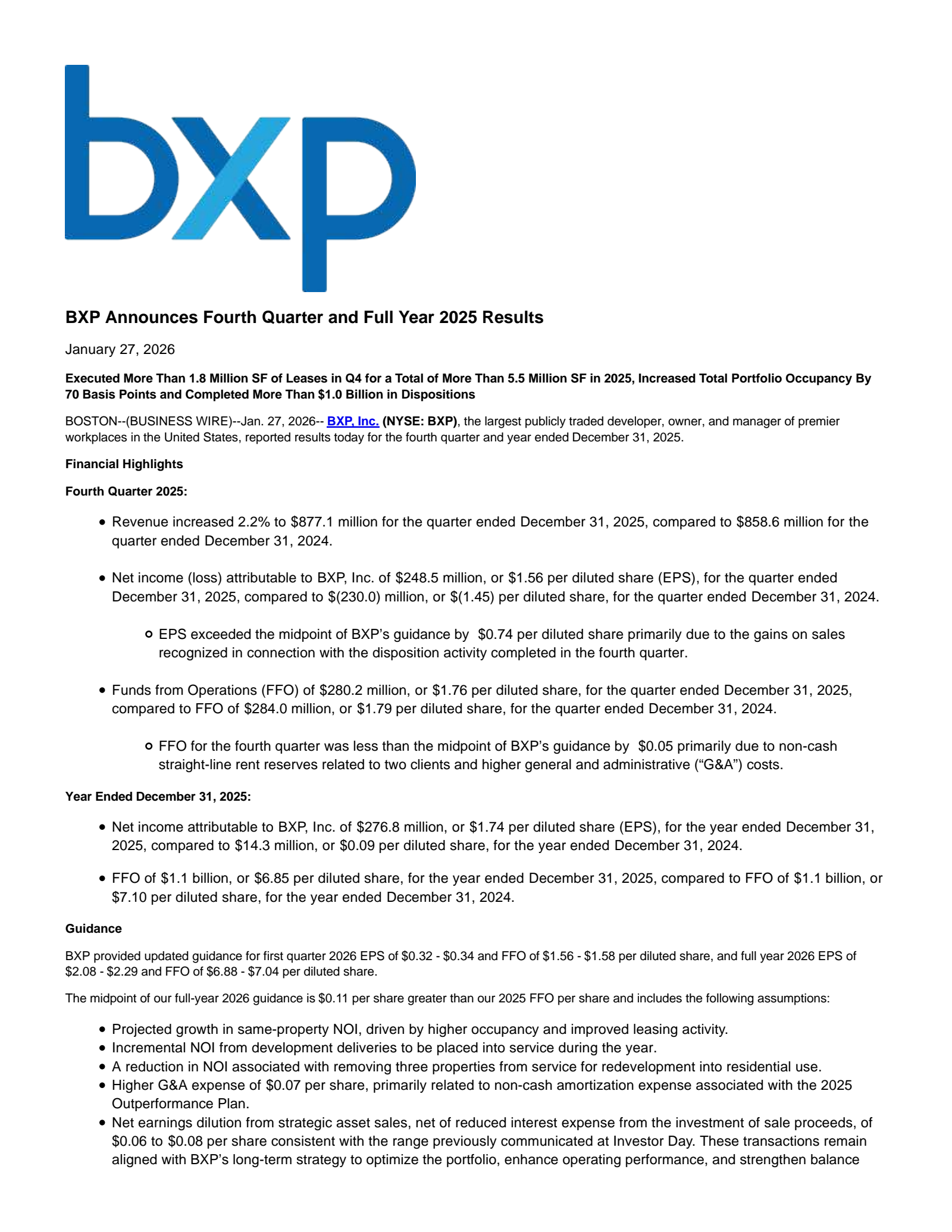 BXP Q4 2025 Earnings Report on 1/27/2026