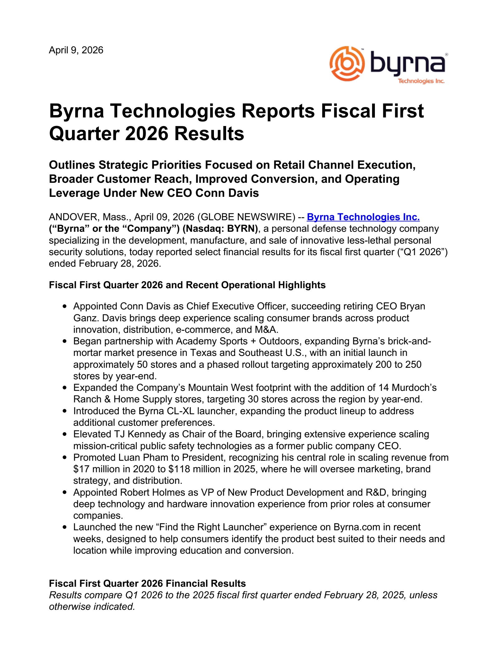 Byrna Technologies' Q1 2026 Press Release