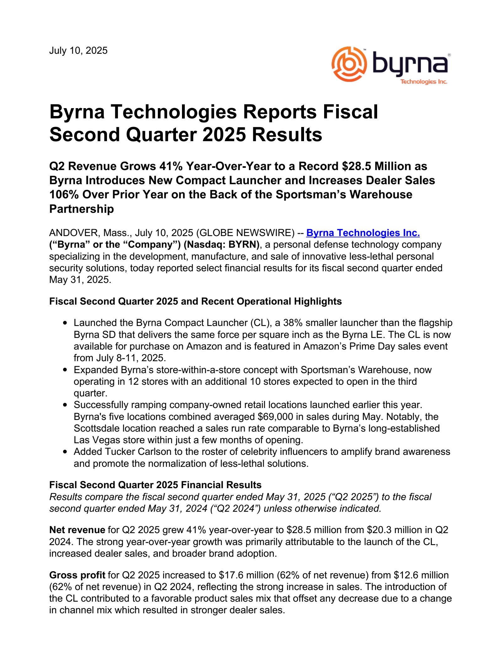 Byrna Technologies' Q2 2025 Press Release