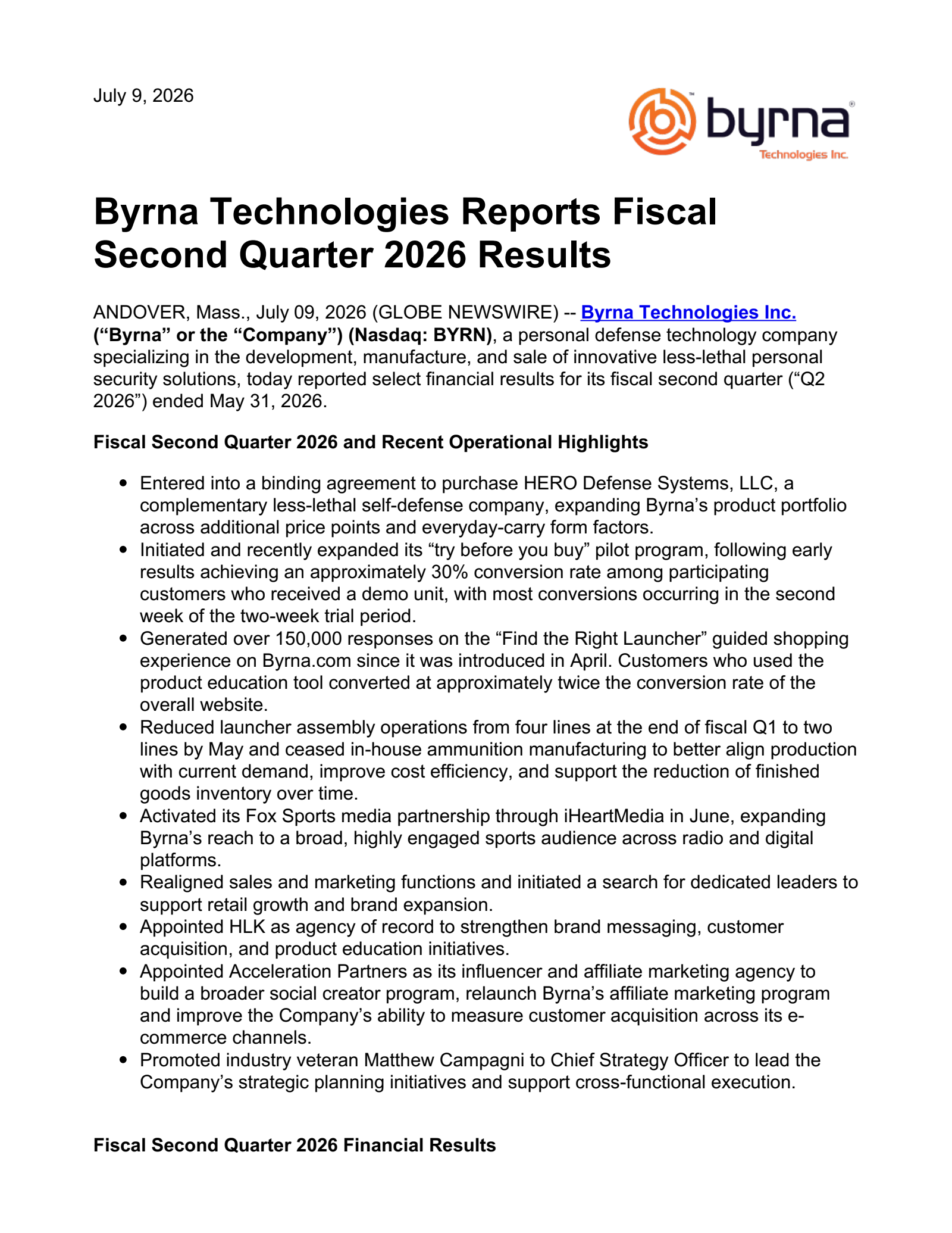 Byrna Technologies' Q2 2026 Press Release