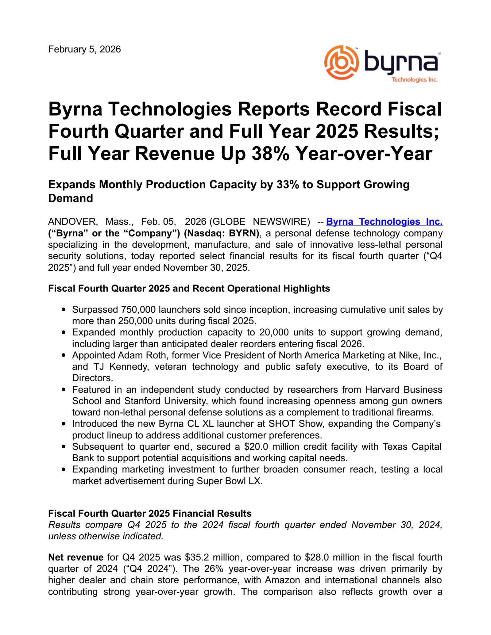 Byrna Technologies' Q4 2025 Press Release