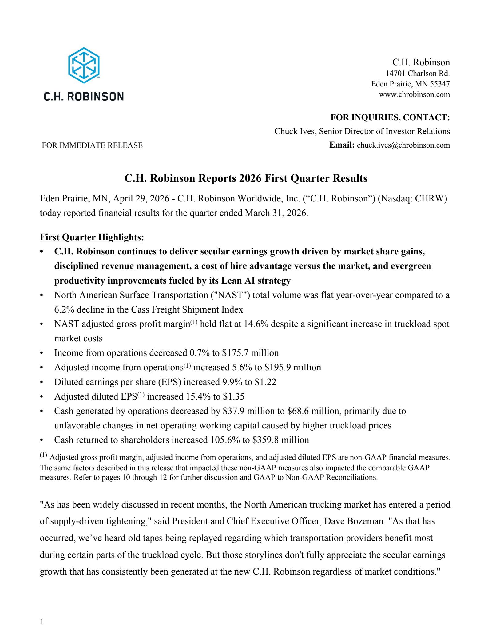 C.H. Robinson Worldwide's Q1 2026 Press Release