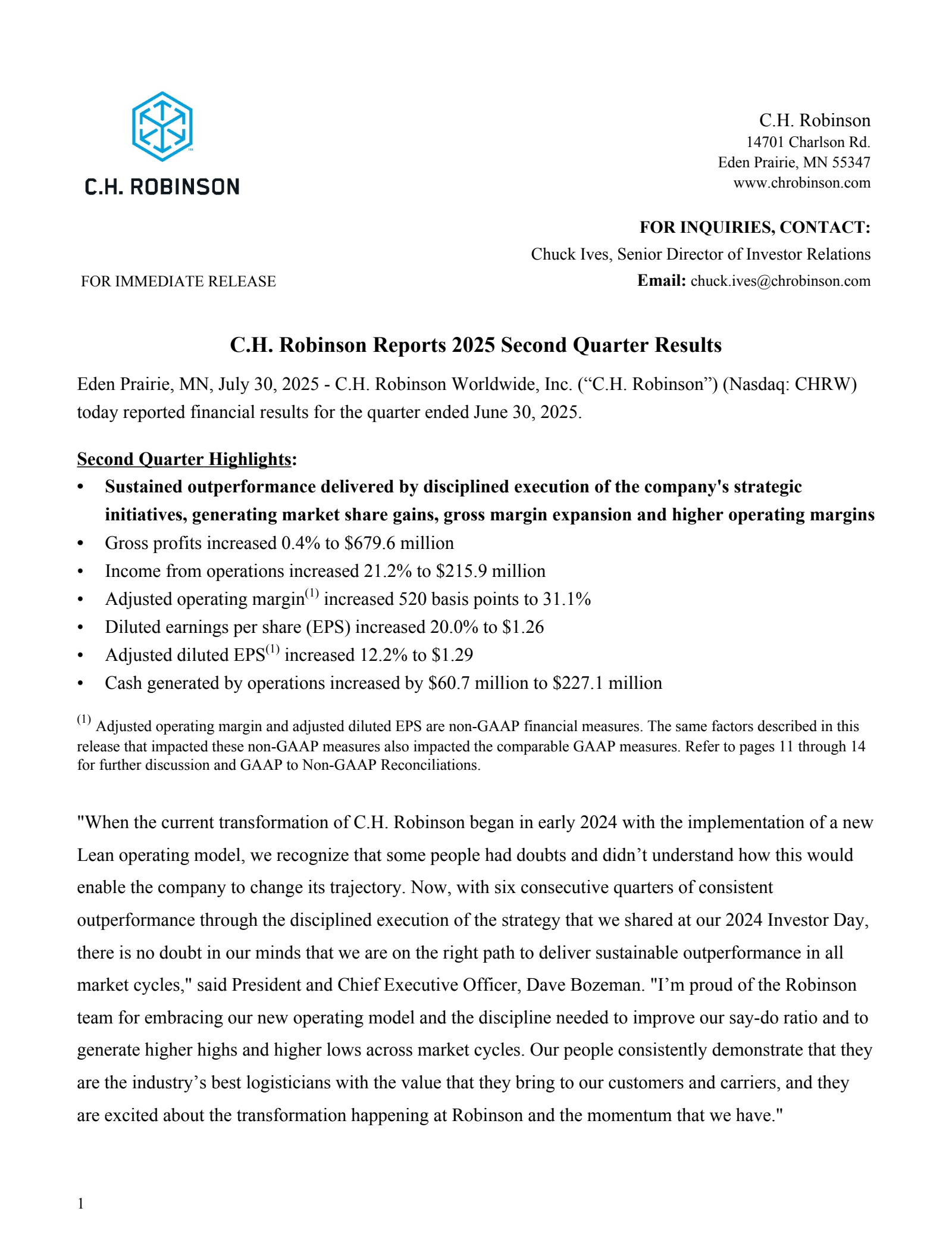 C.H. Robinson Worldwide's Q2 2025 Press Release