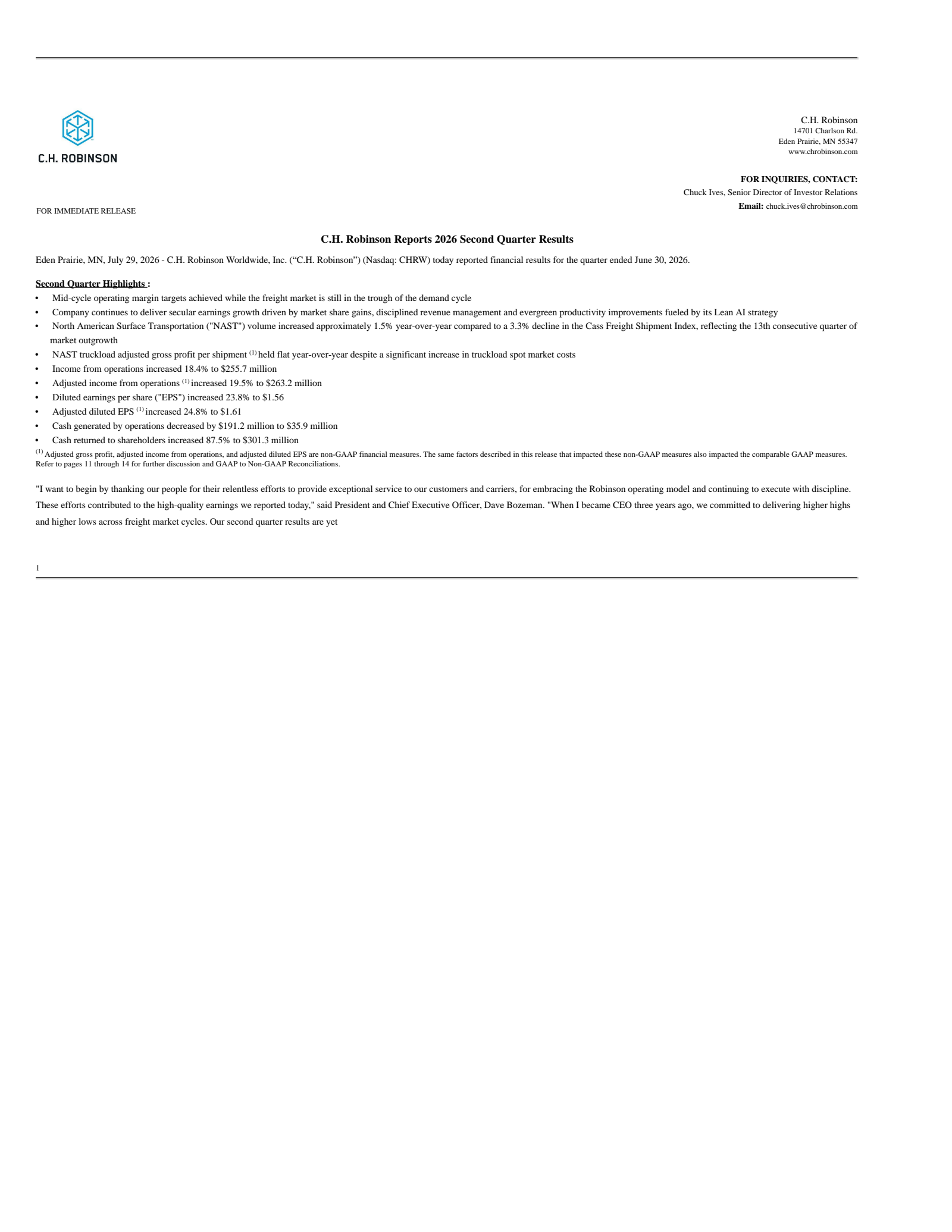 C.H. Robinson Worldwide's Q2 2026 Press Release