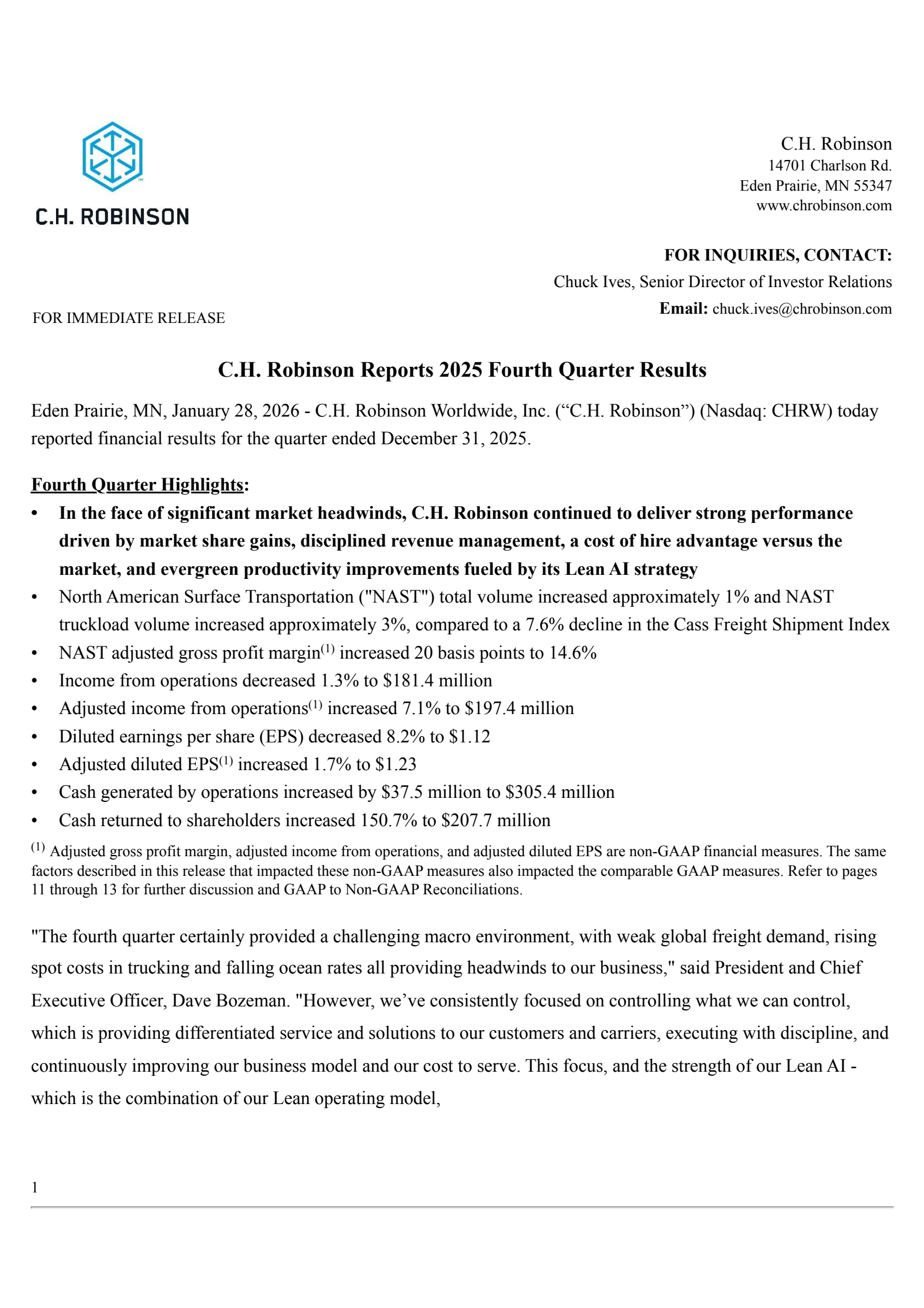 C.H. Robinson Worldwide's Q4 2025 Press Release