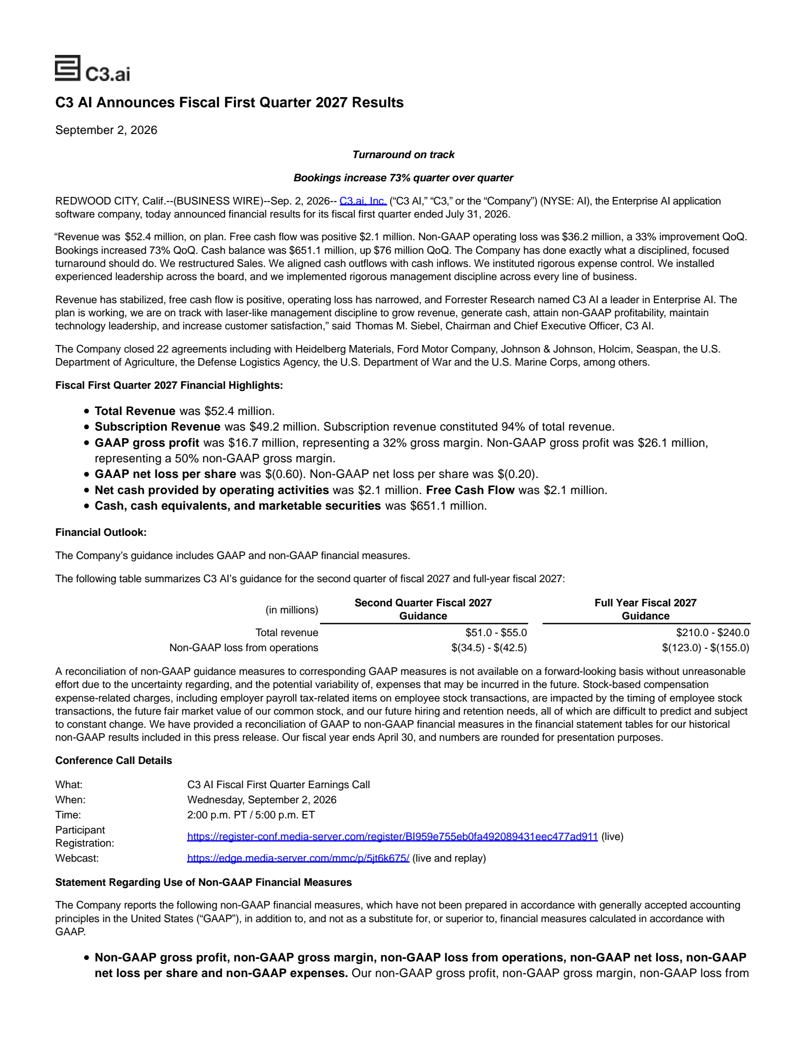 C3.ai's Q1 2027 Press Release