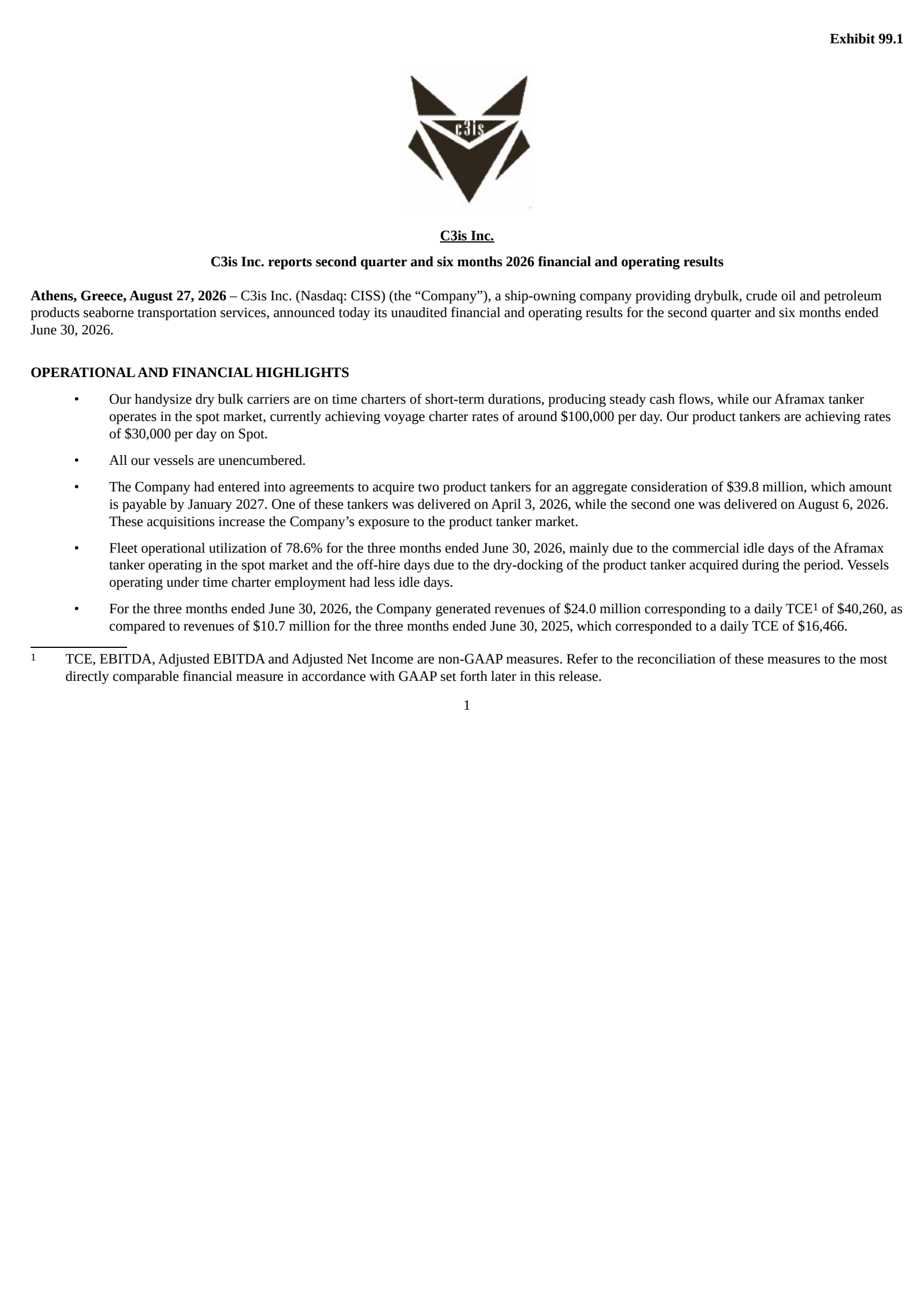 C3is' Q2 2026 Press Release
