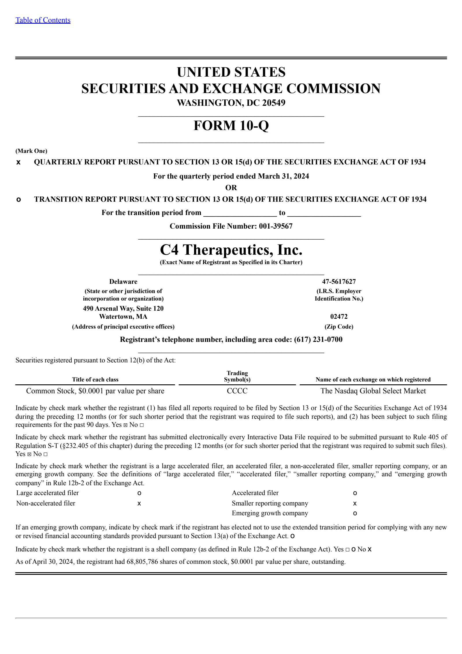 C4 Therapeutics' Q1 2024 Quarterly report