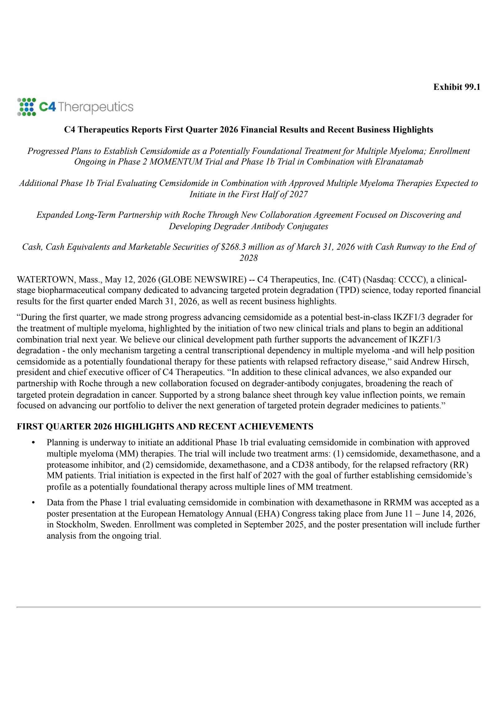 C4 Therapeutics' Q1 2026 Press Release