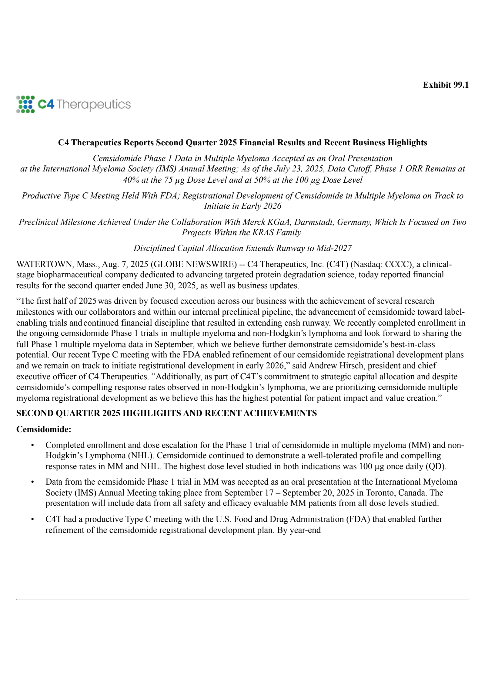 C4 Therapeutics' Q2 2025 Press Release
