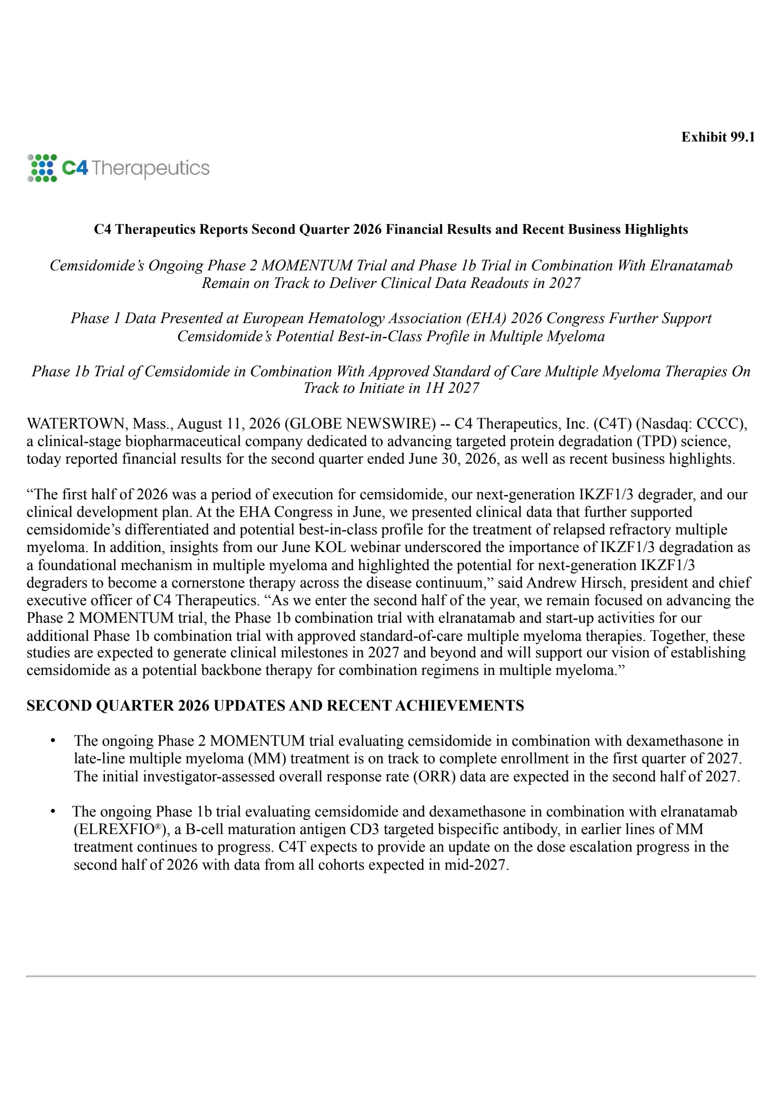 C4 Therapeutics' Q2 2026 Press Release