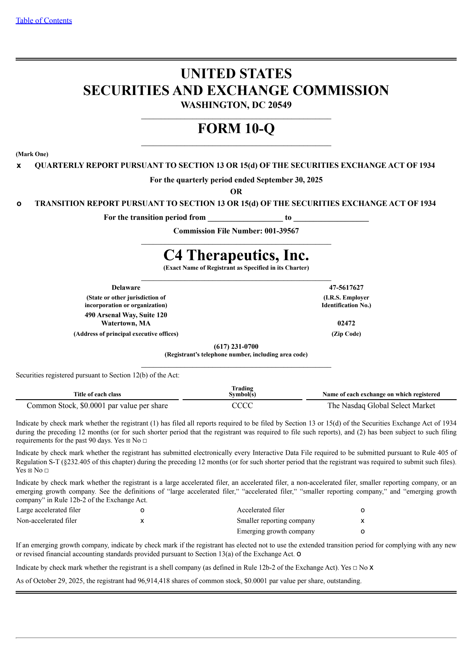 C4 Therapeutics' Q3 2025 Quarterly Report