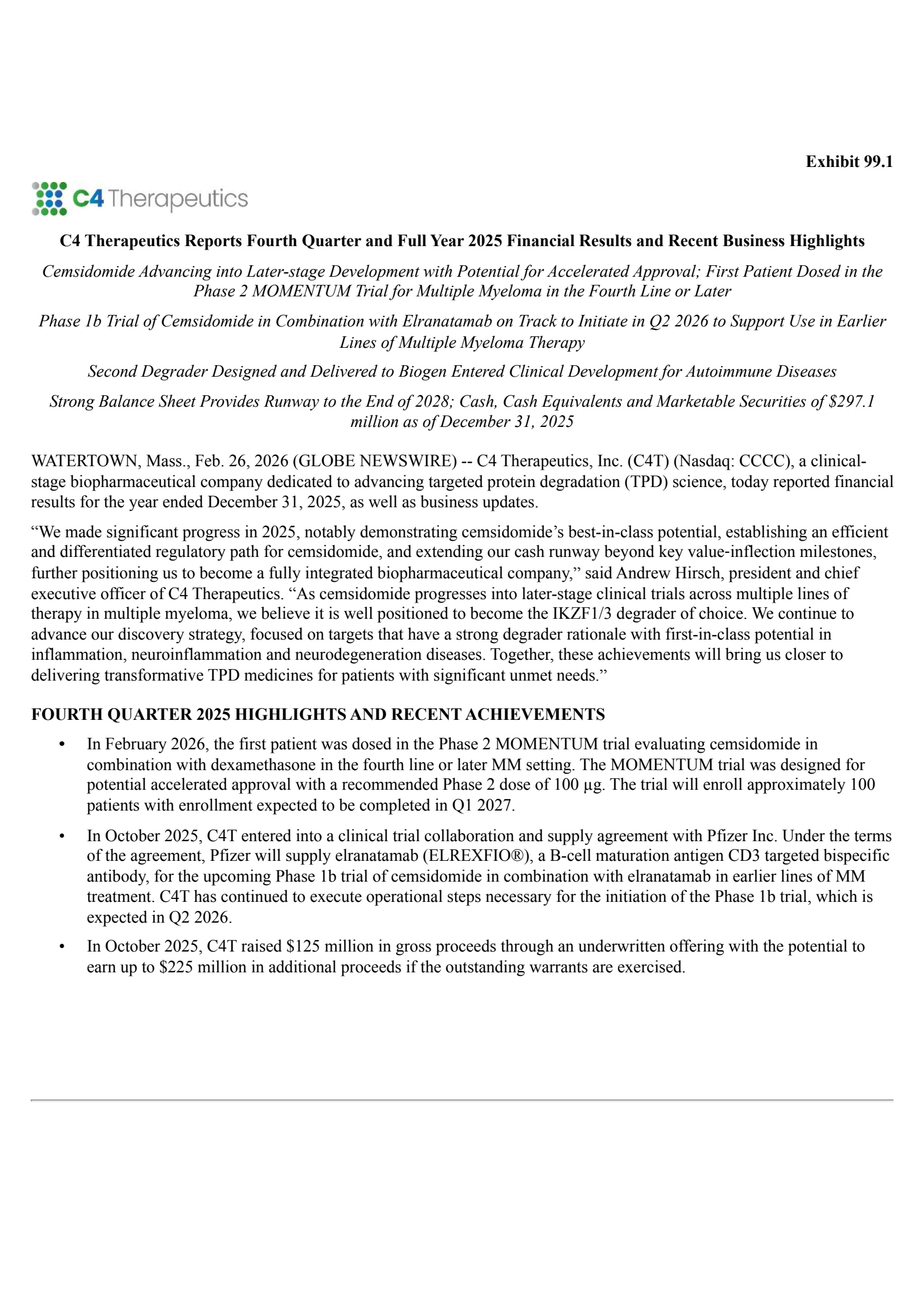 C4 Therapeutics' Q4 2025 Press Release