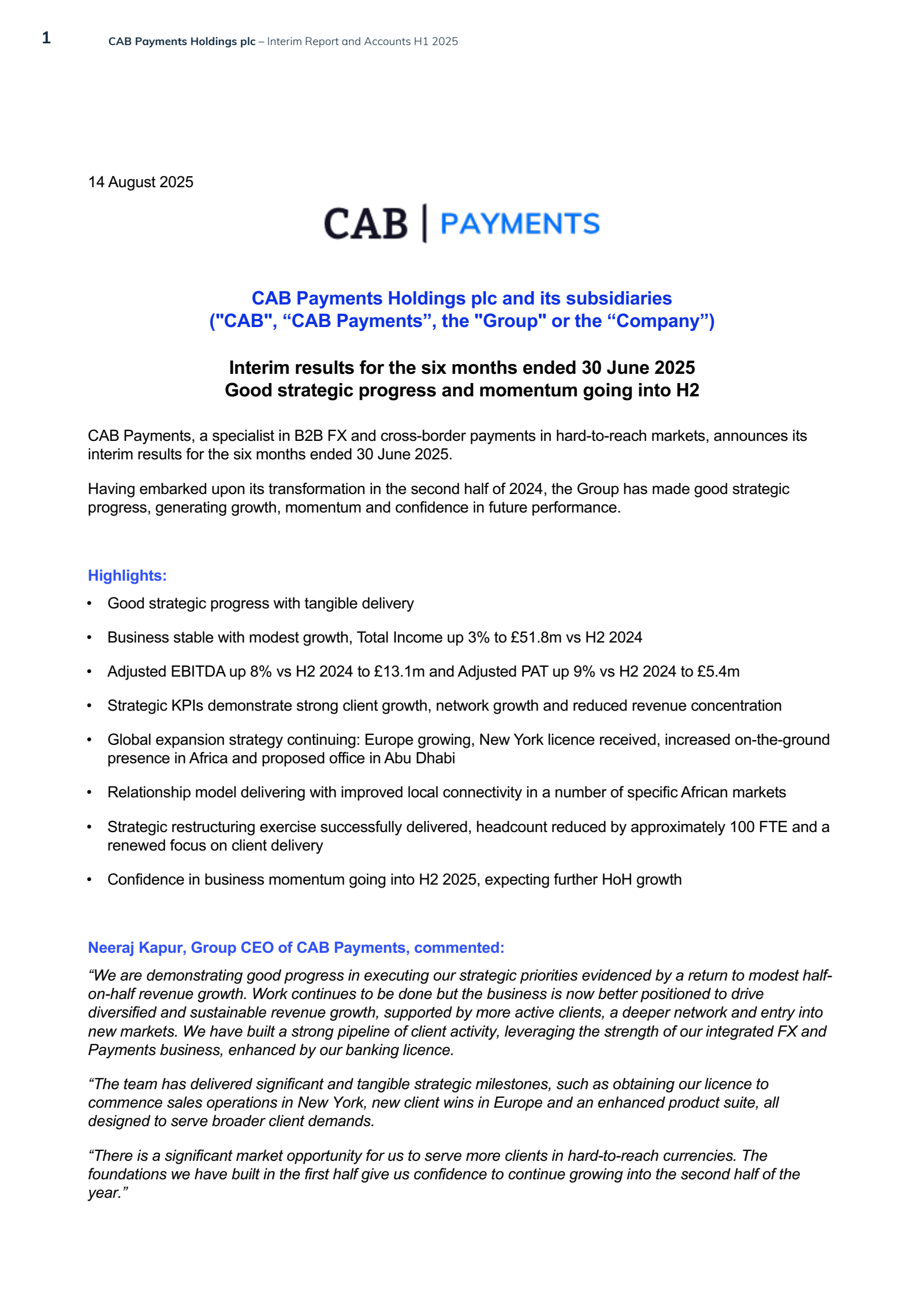 CAB Payments' H1 2025 Interim report