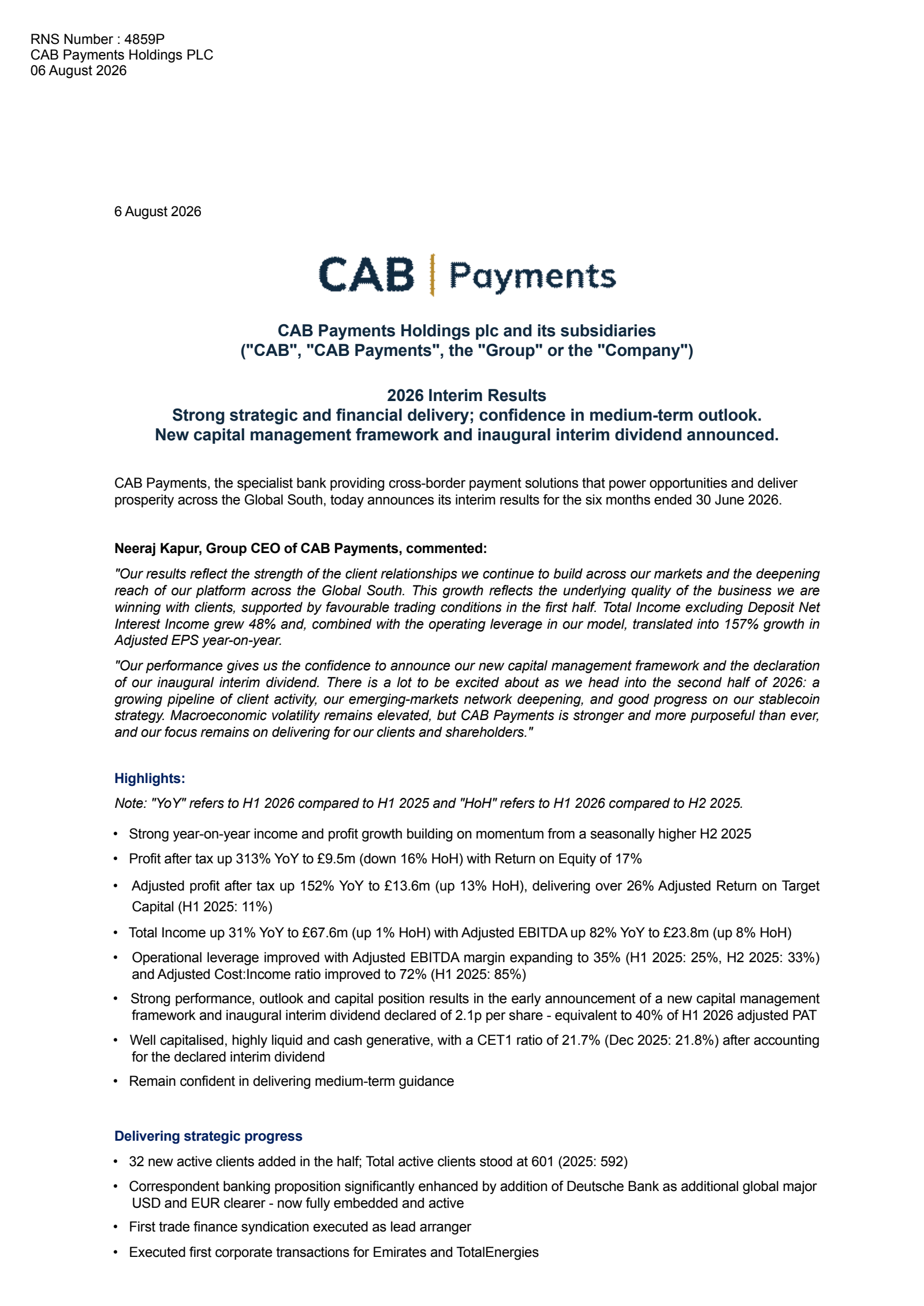CAB Payments' H1 2026 Interim report