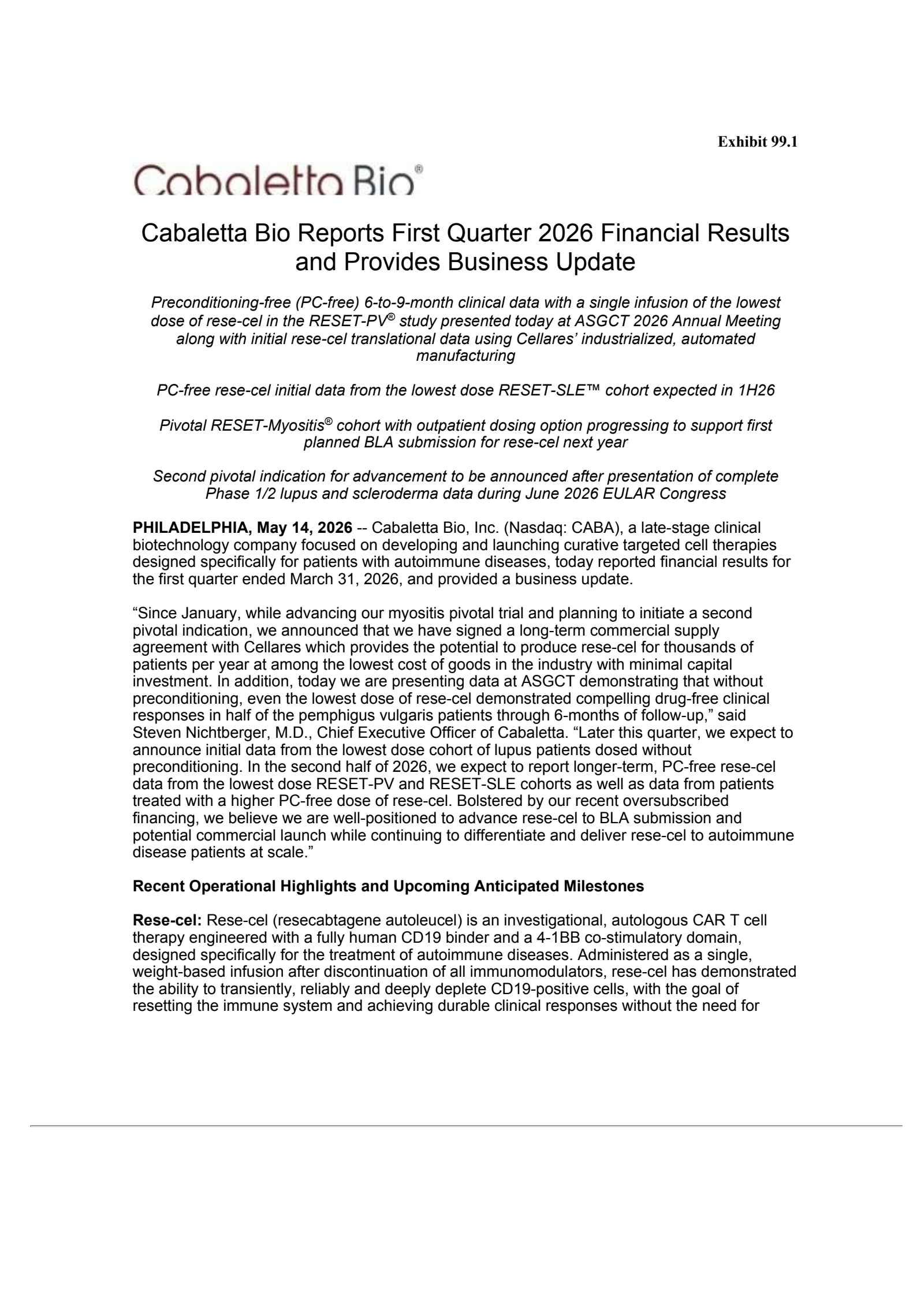 Cabaletta Bio's Q1 2026 Press Release