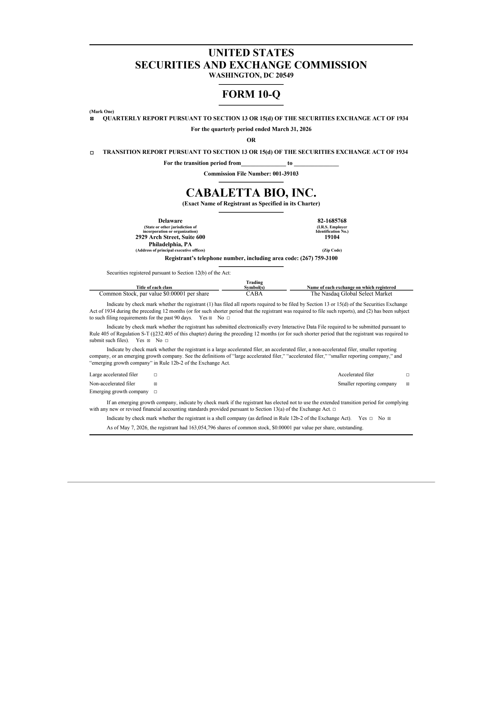 Cabaletta Bio's Q1 2026 Quarterly report