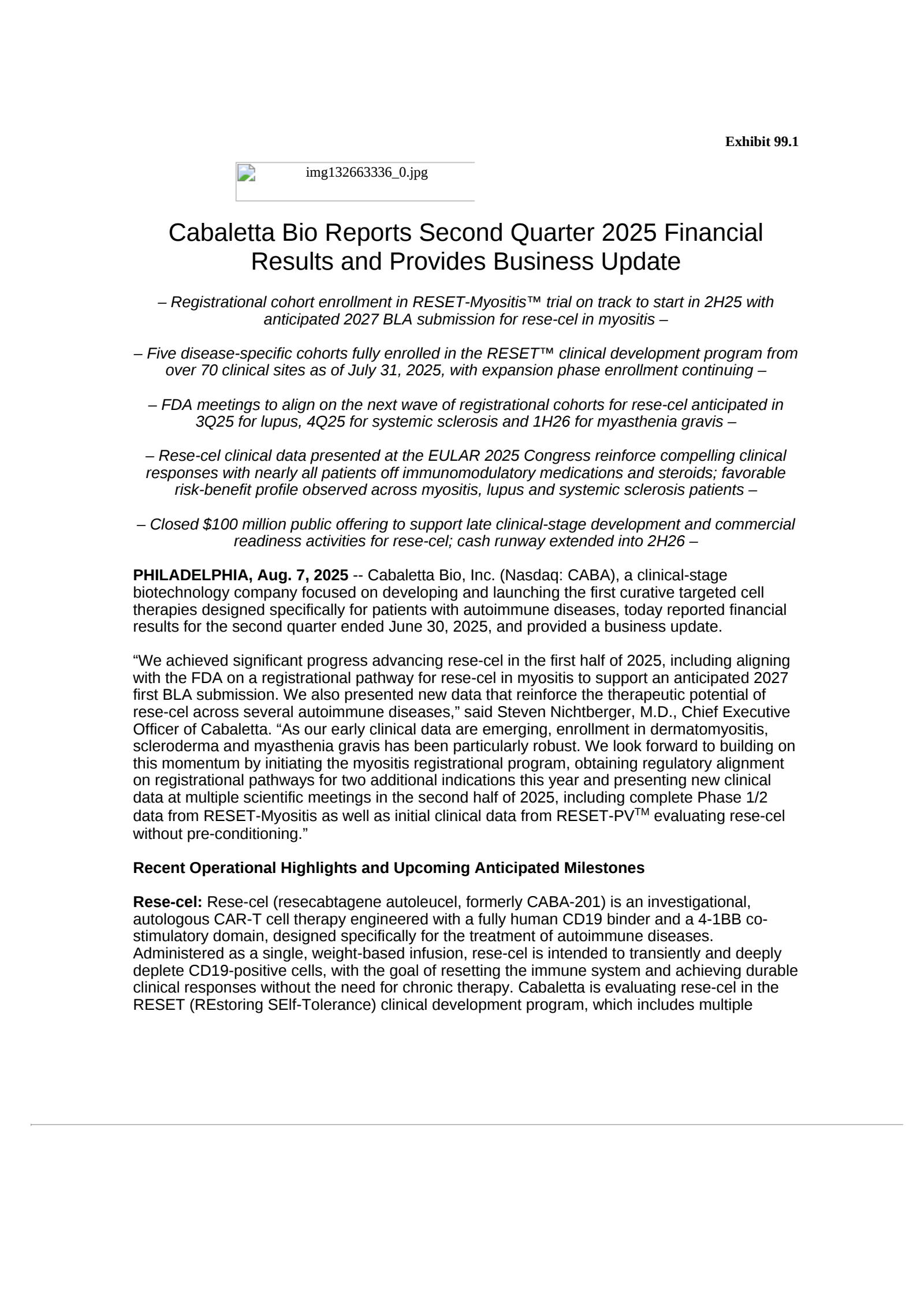 Cabaletta Bio's Q2 2025 Press Release