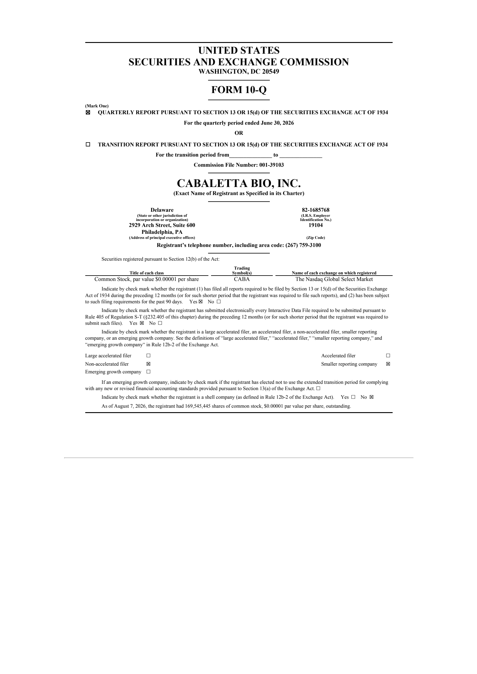 Cabaletta Bio's Q2 2026 Quarterly report