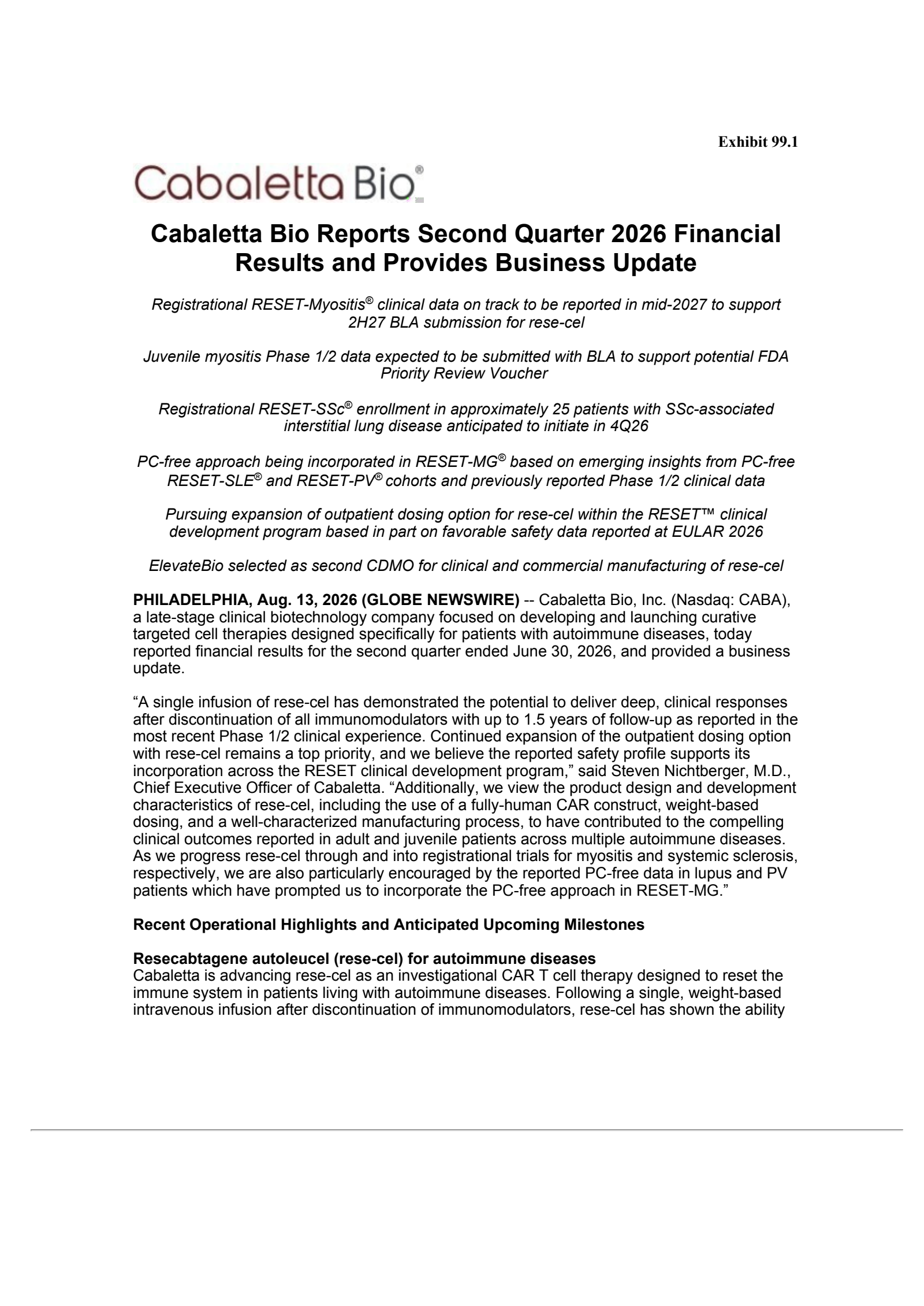 Cabaletta Bio's Q2 2026 Press Release