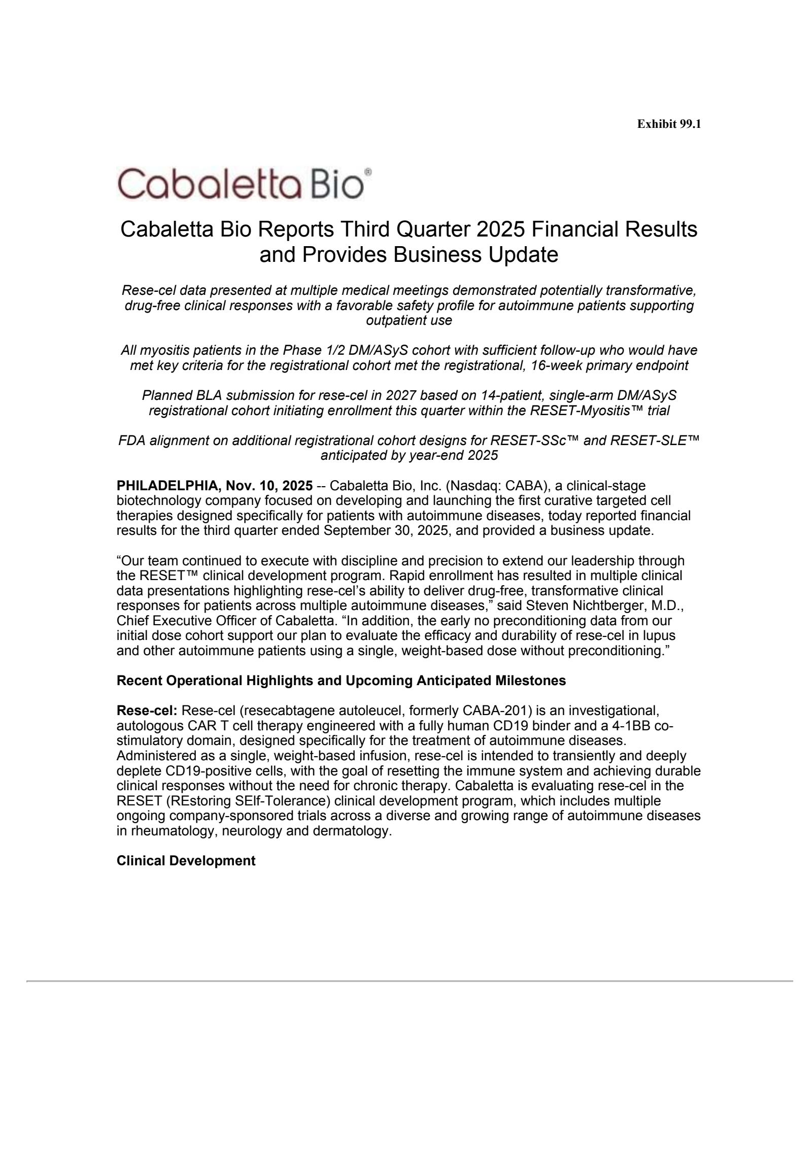 Cabaletta Bio's Q3 2025 Earnings Release