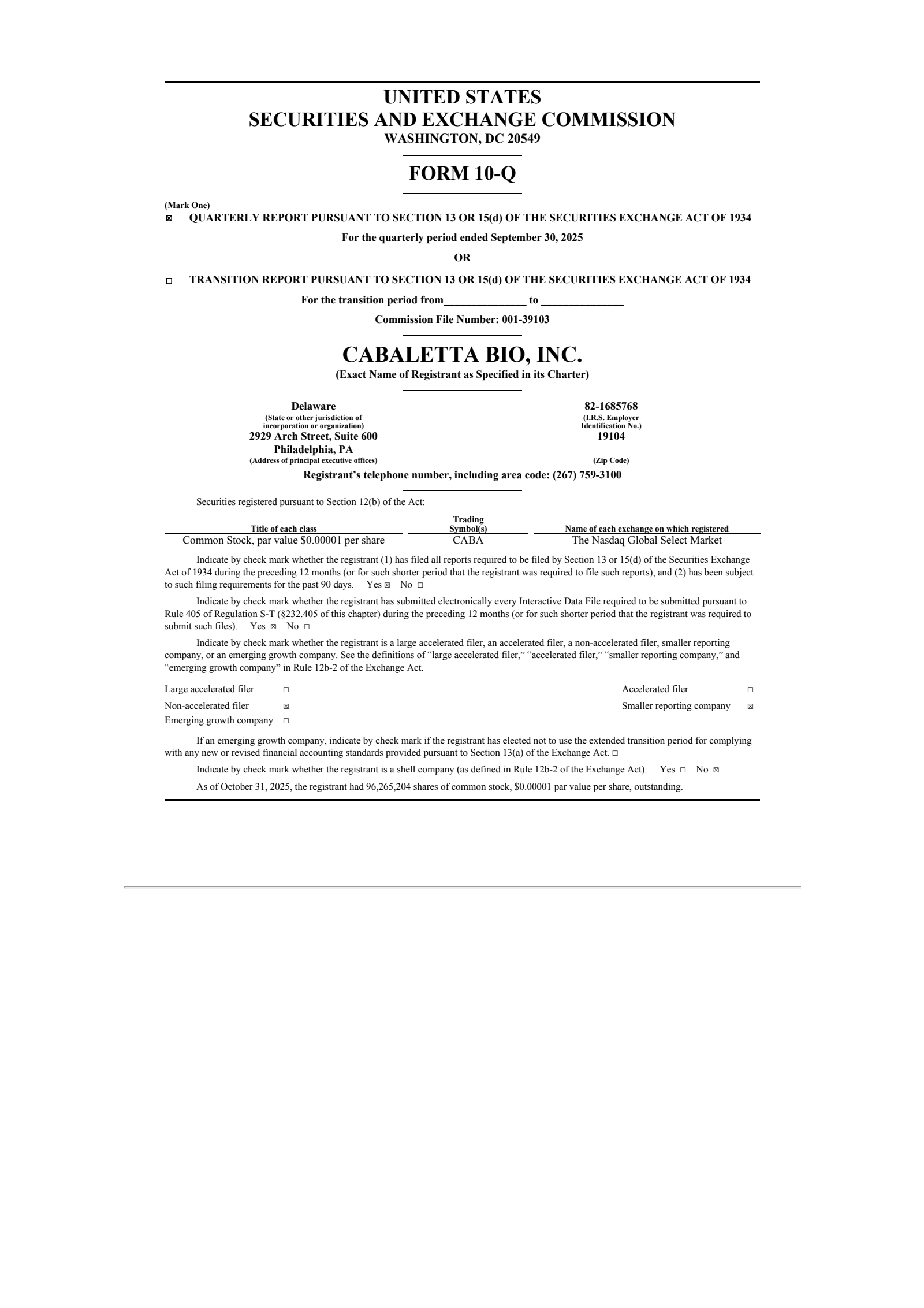 Cabaletta Bio's Q3 2025 Quarterly Report
