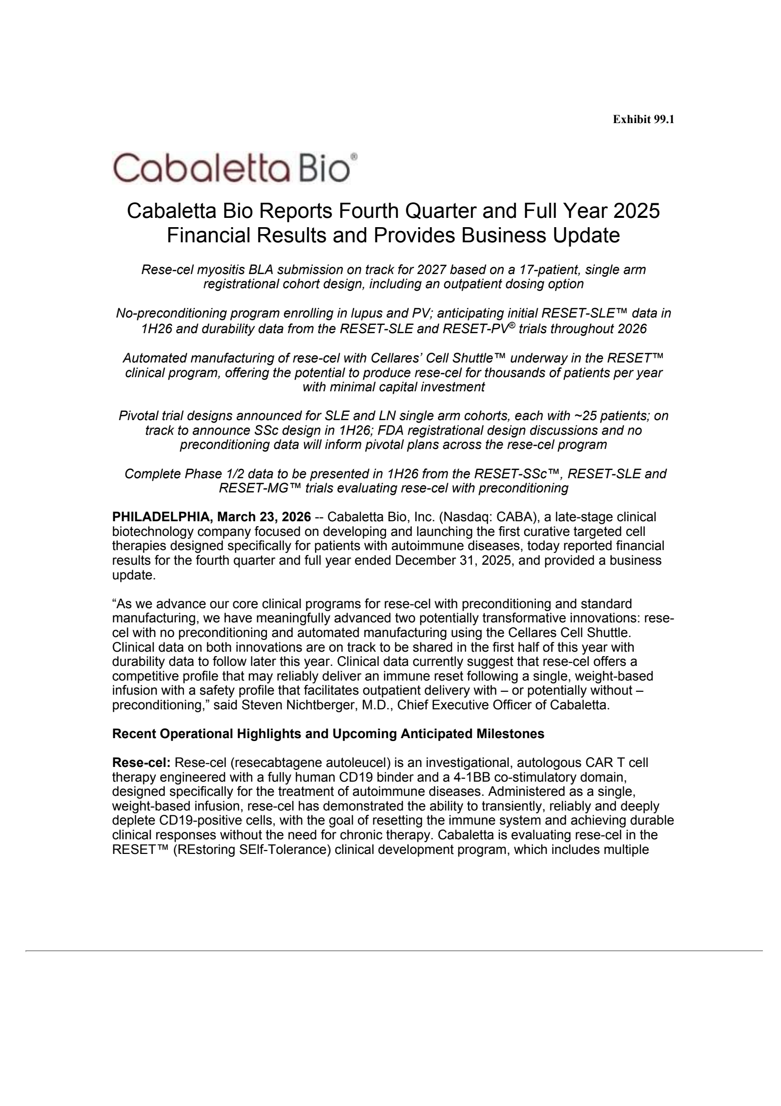 Cabaletta Bio's Q4 2025 Press Release