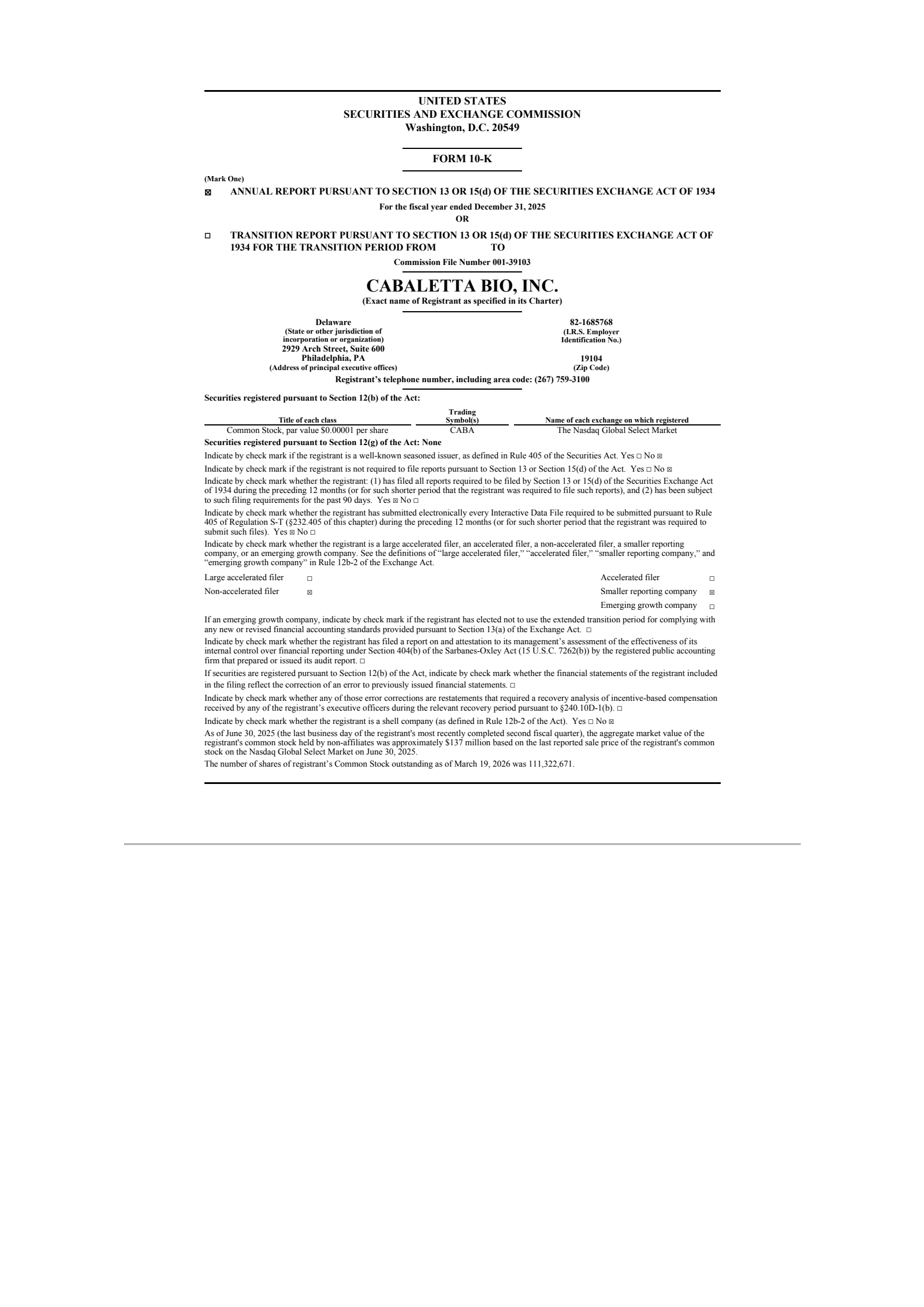 Cabaletta Bio's Q4 2025 Annual report