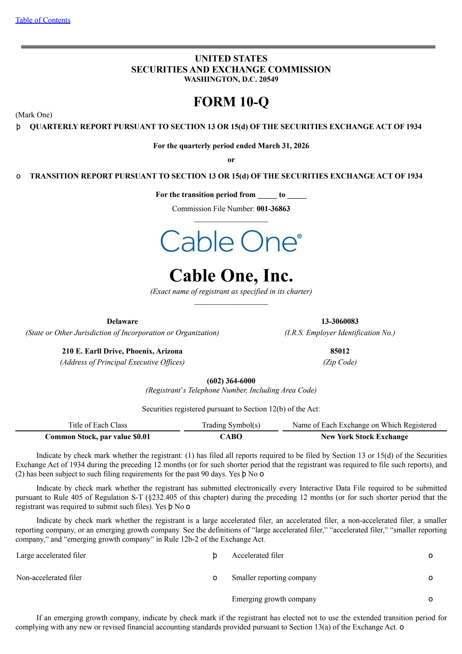 Cable One's Q1 2026 Quarterly report