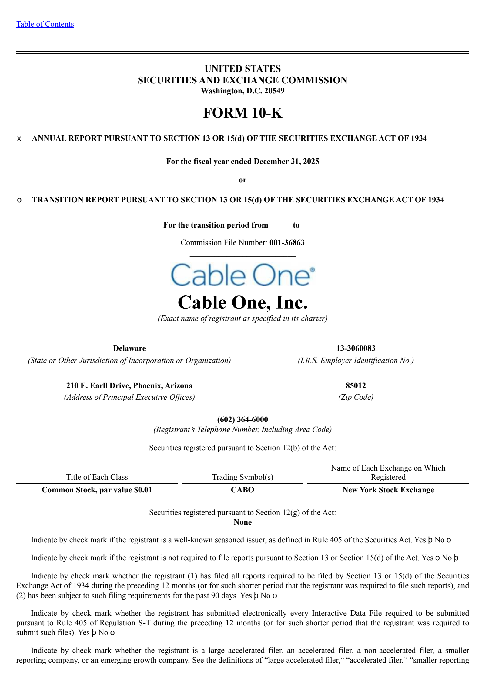 Cable One's Q4 2025 Annual report