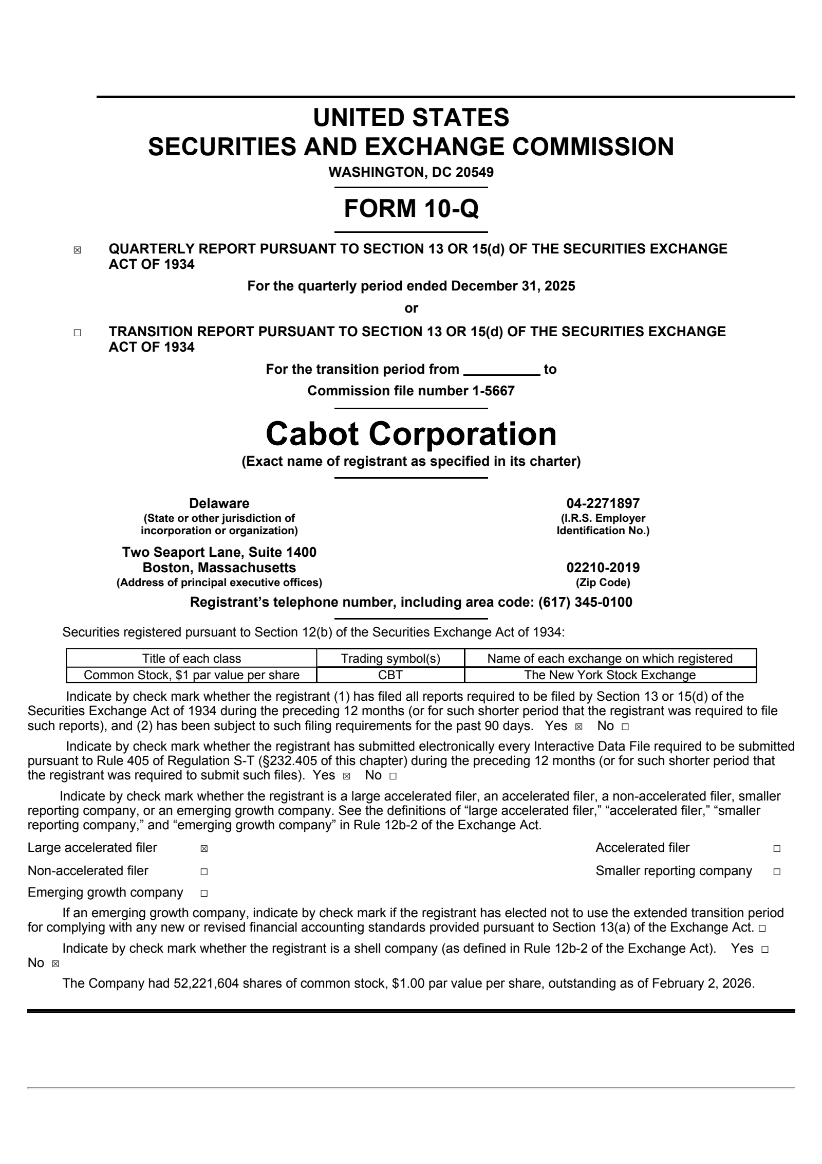 Cabot's Q1 2026 Quarterly report