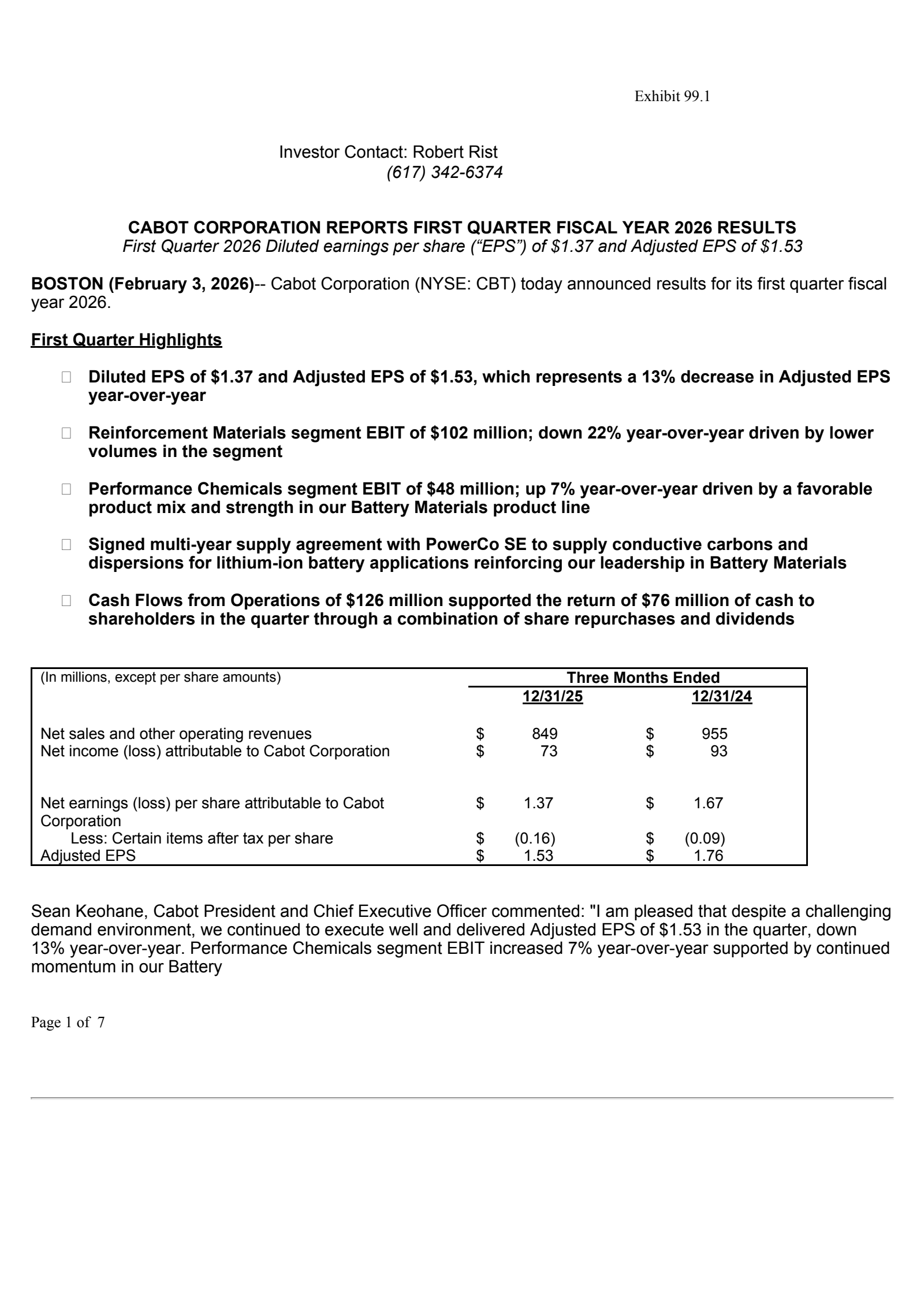 Cabot's Q1 2026 Press Release