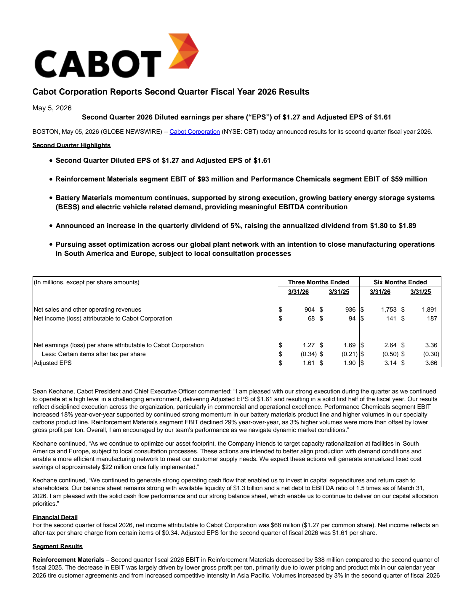 Cabot's Q2 2026 Press Release