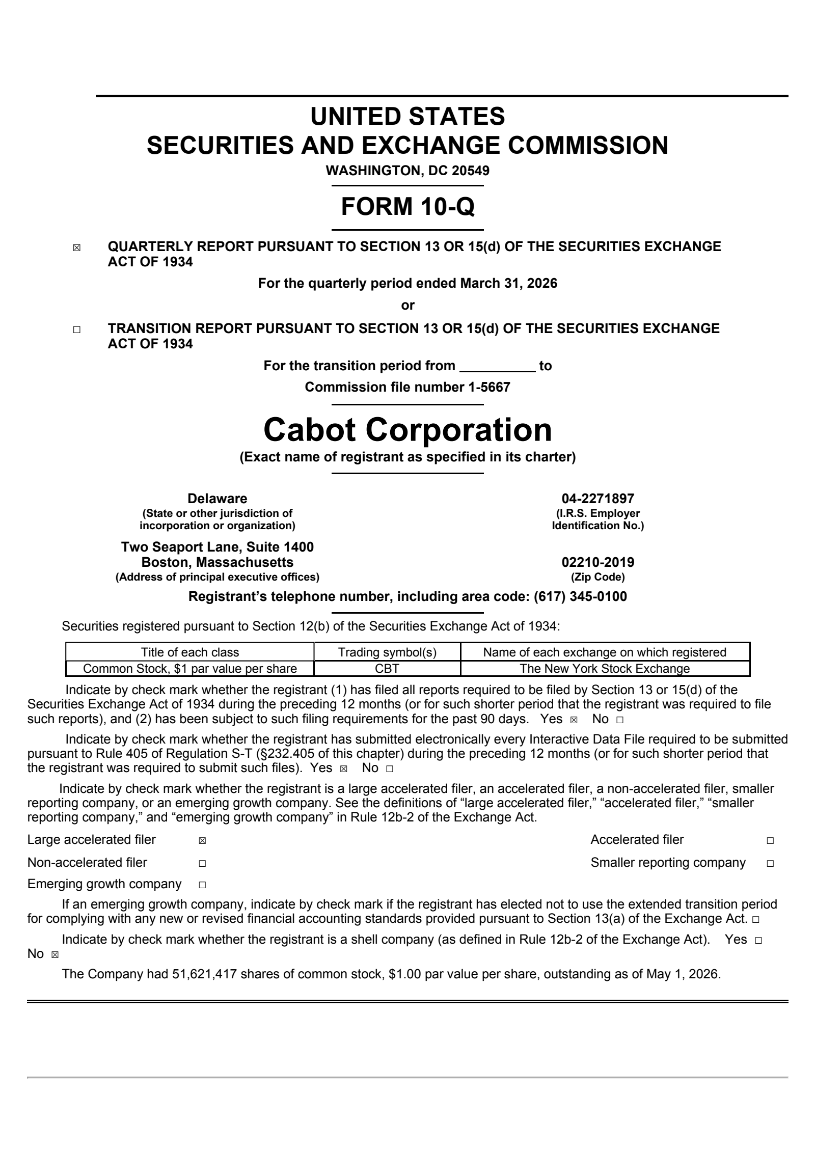 Cabot's Q2 2026 Quarterly report