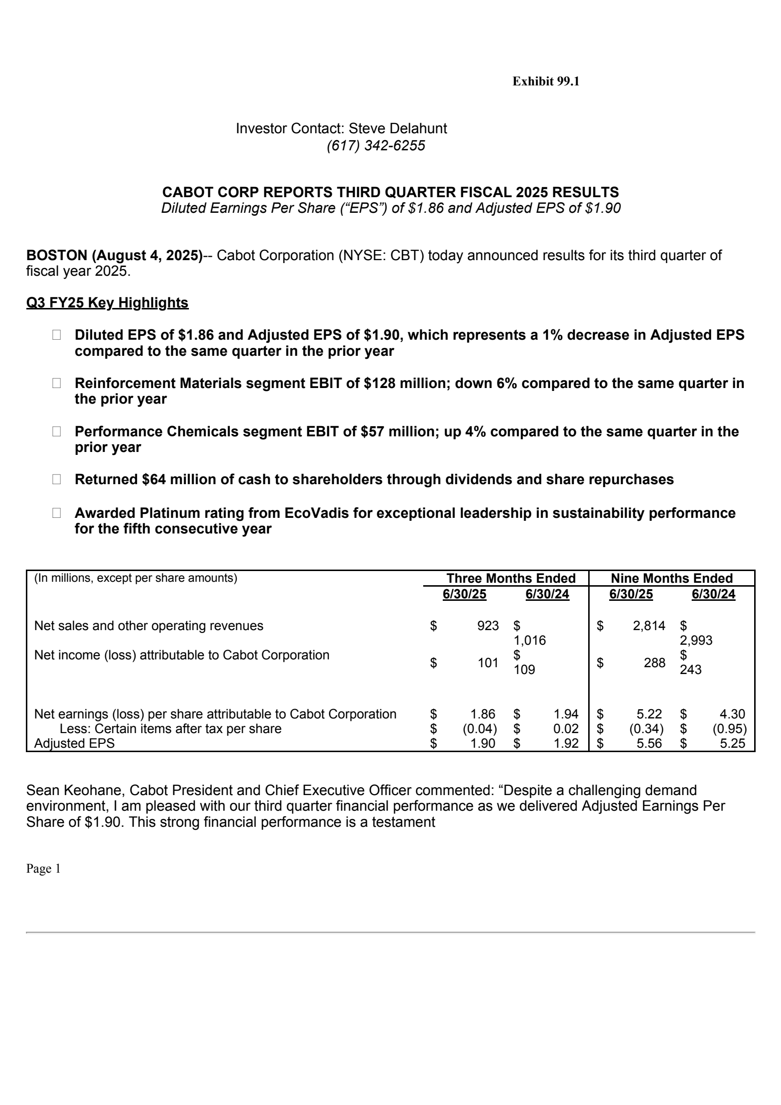 Cabot's Q3 2025 Press Release
