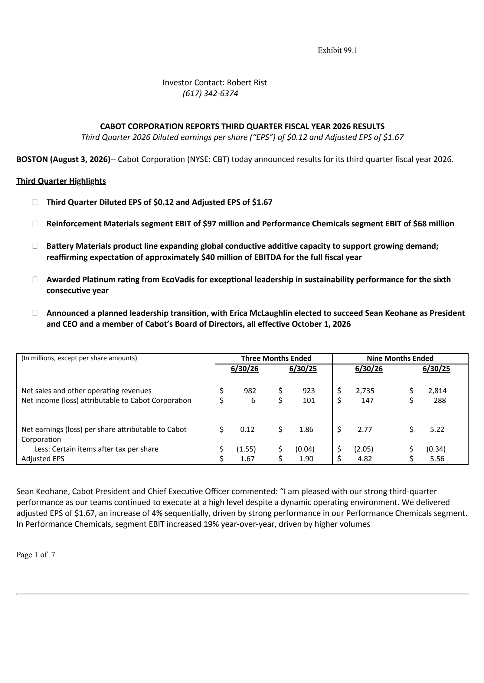 Cabot's Q3 2026 Press Release