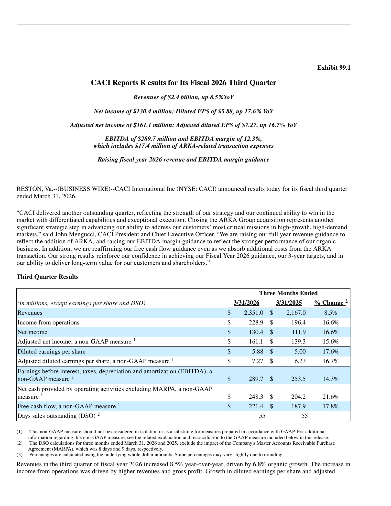 CACI International's Q3 2026 Press Release
