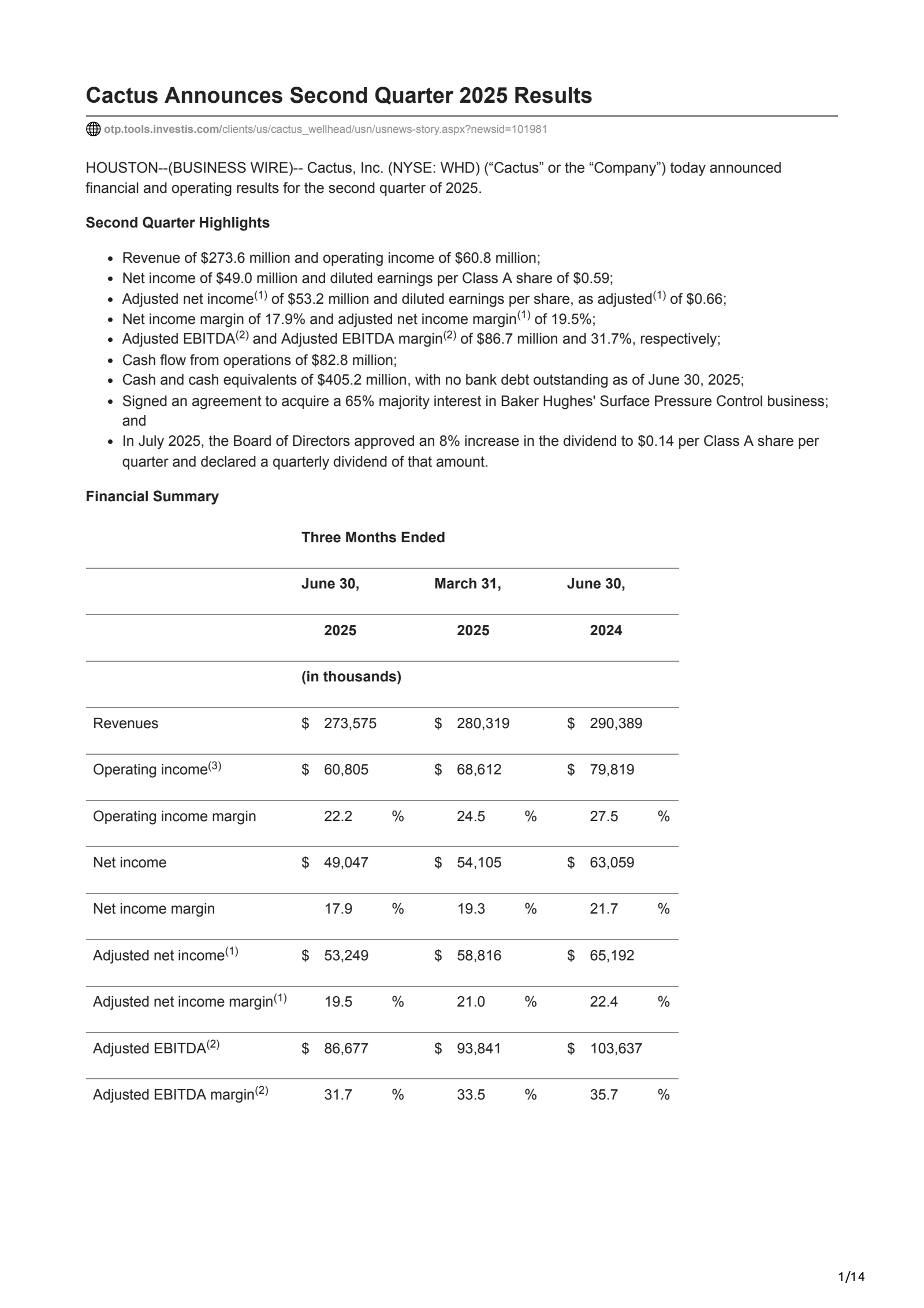 Cactus' Q2 2025 Press Release